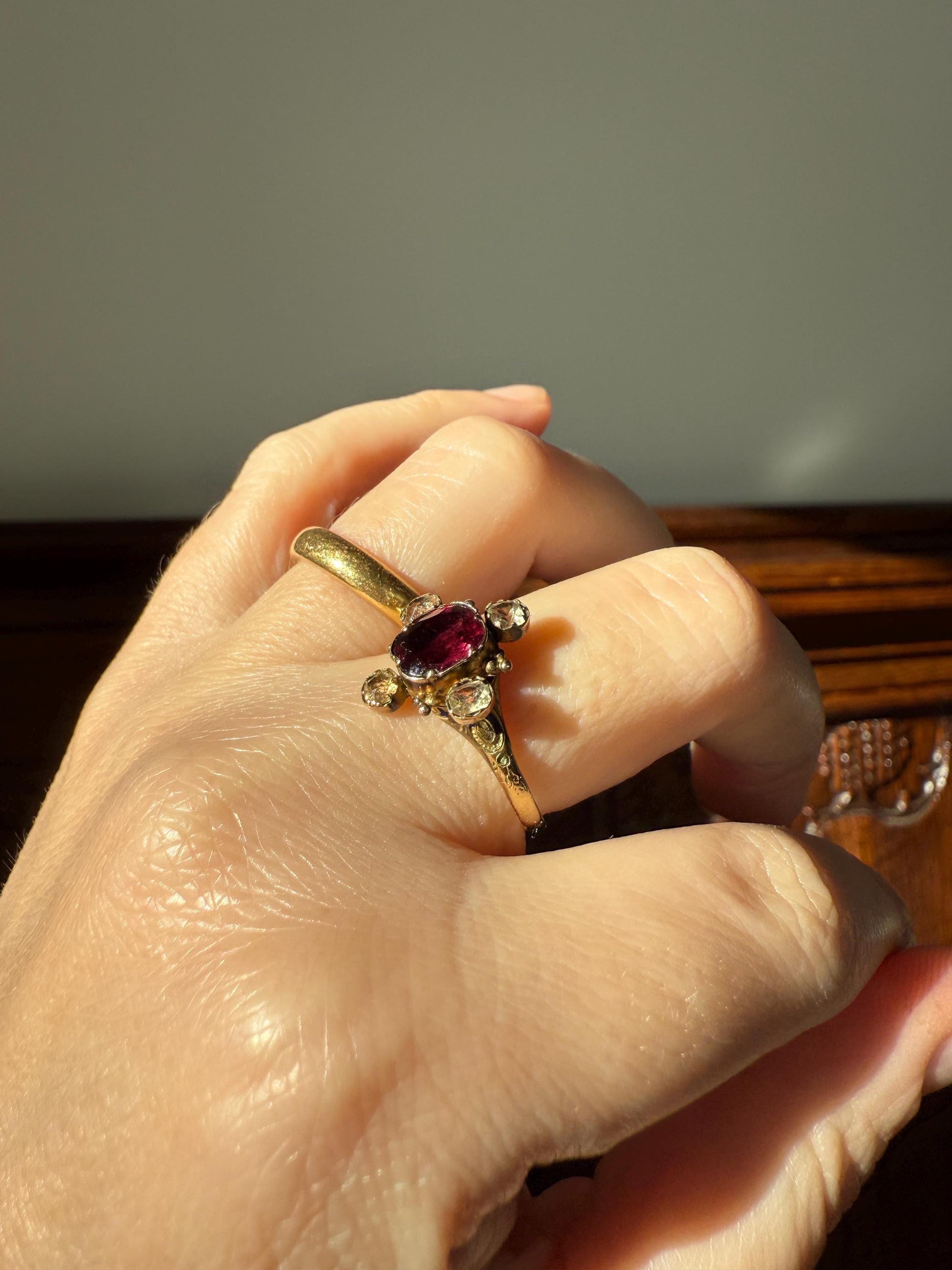 Antique Old Cut GARNET Pale Yellow Rivet Halo Cruciform HEART Locket Back Antique Ring 18k Gold Georgian Victorian