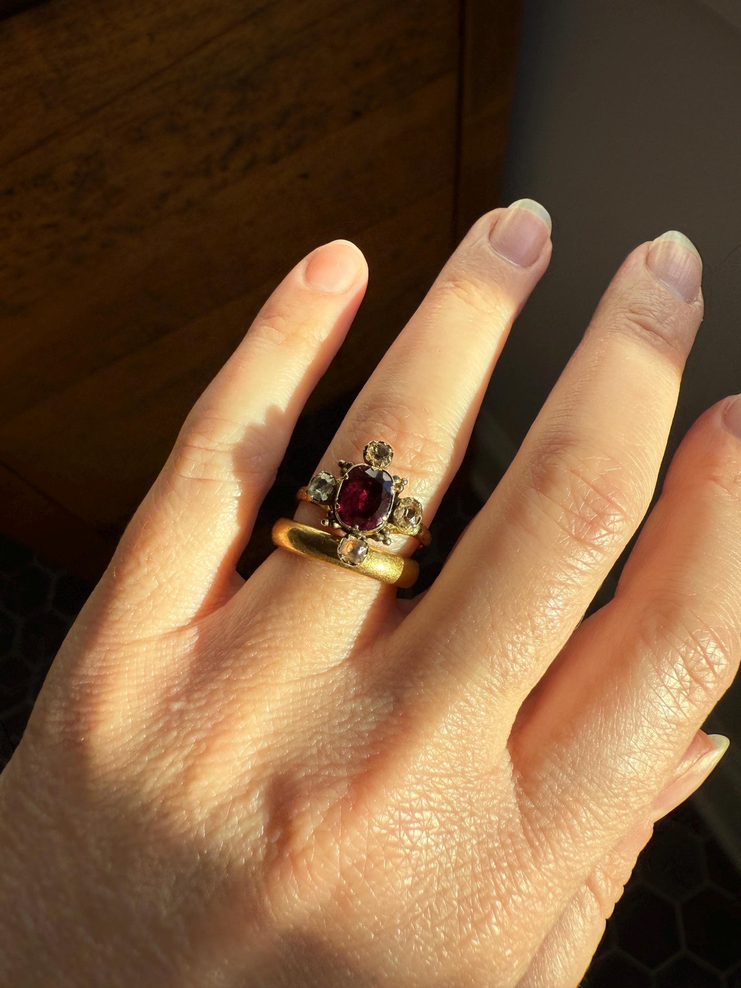 Antique Old Cut GARNET Pale Yellow Rivet Halo Cruciform HEART Locket Back Antique Ring 18k Gold Georgian Victorian