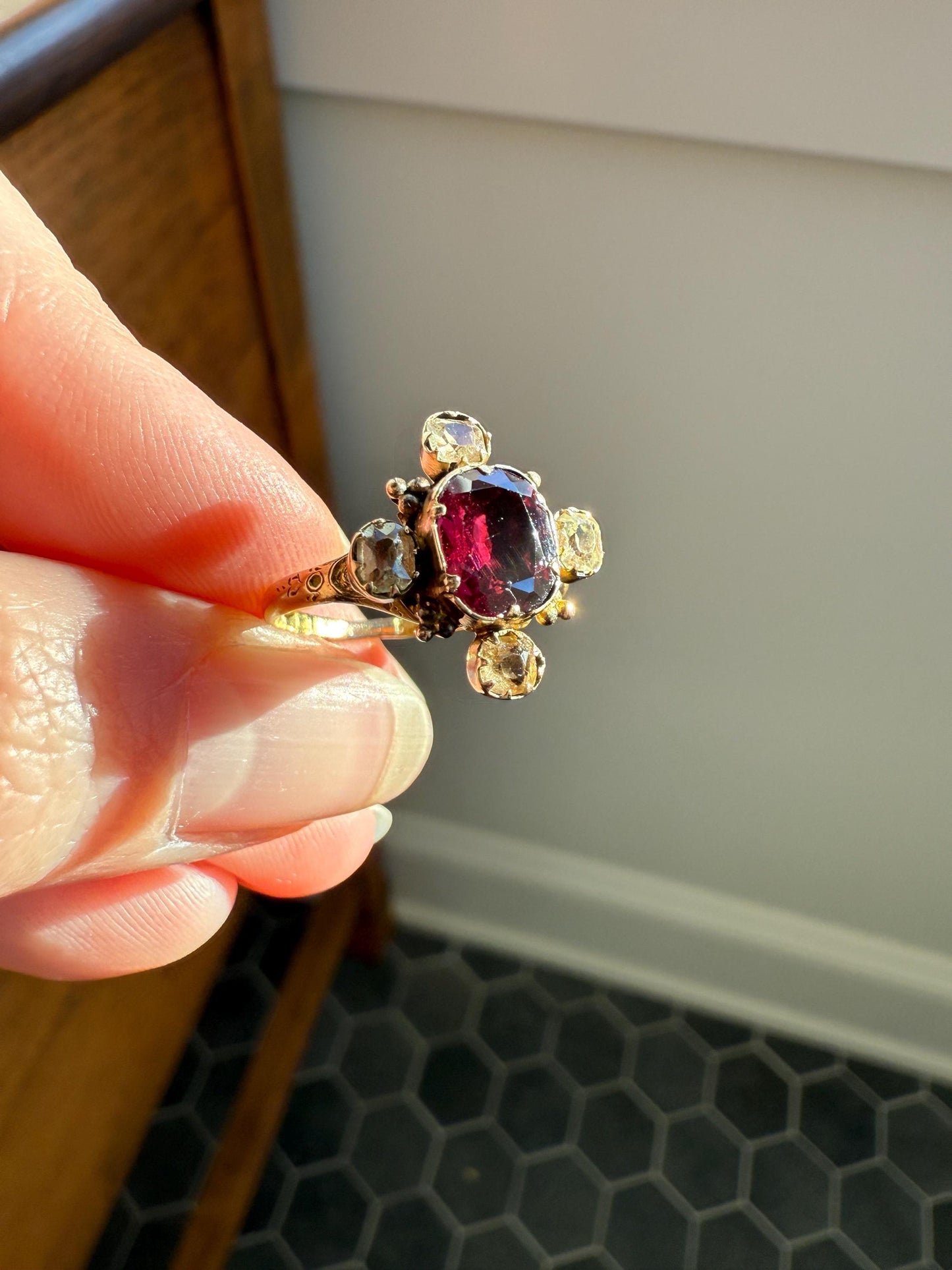 Antique Old Cut GARNET Pale Yellow Rivet Halo Cruciform HEART Locket Back Antique Ring 18k Gold Georgian Victorian