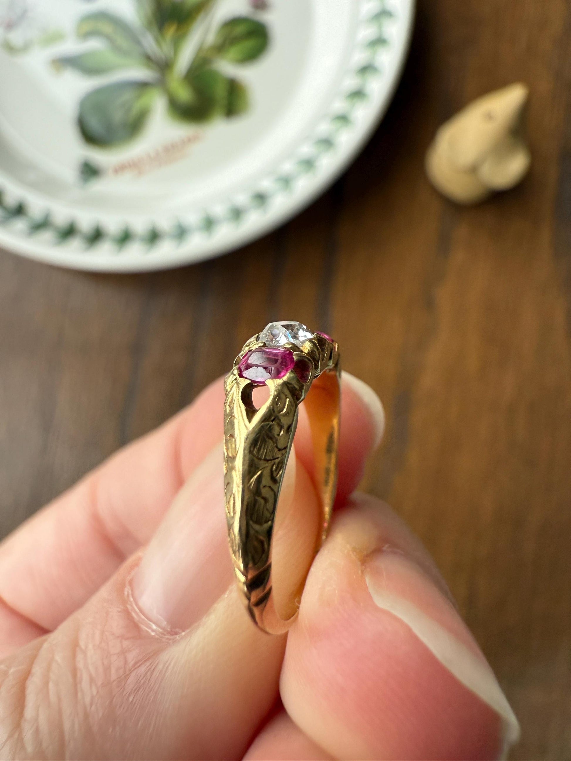 Antique Elongated Old Mine Cut DIAMOND Ruby Pink 18k Gold Three Stone Ring Stacker Band Victorian Pinky Midi Engraved Knife Edge Shoulders