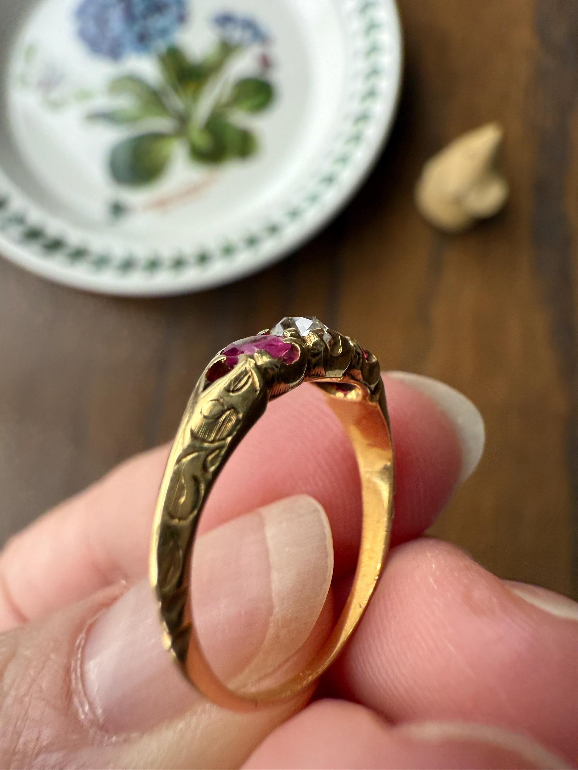 Antique Elongated Old Mine Cut DIAMOND Ruby Pink 18k Gold Three Stone Ring Stacker Band Victorian Pinky Midi Engraved Knife Edge Shoulders