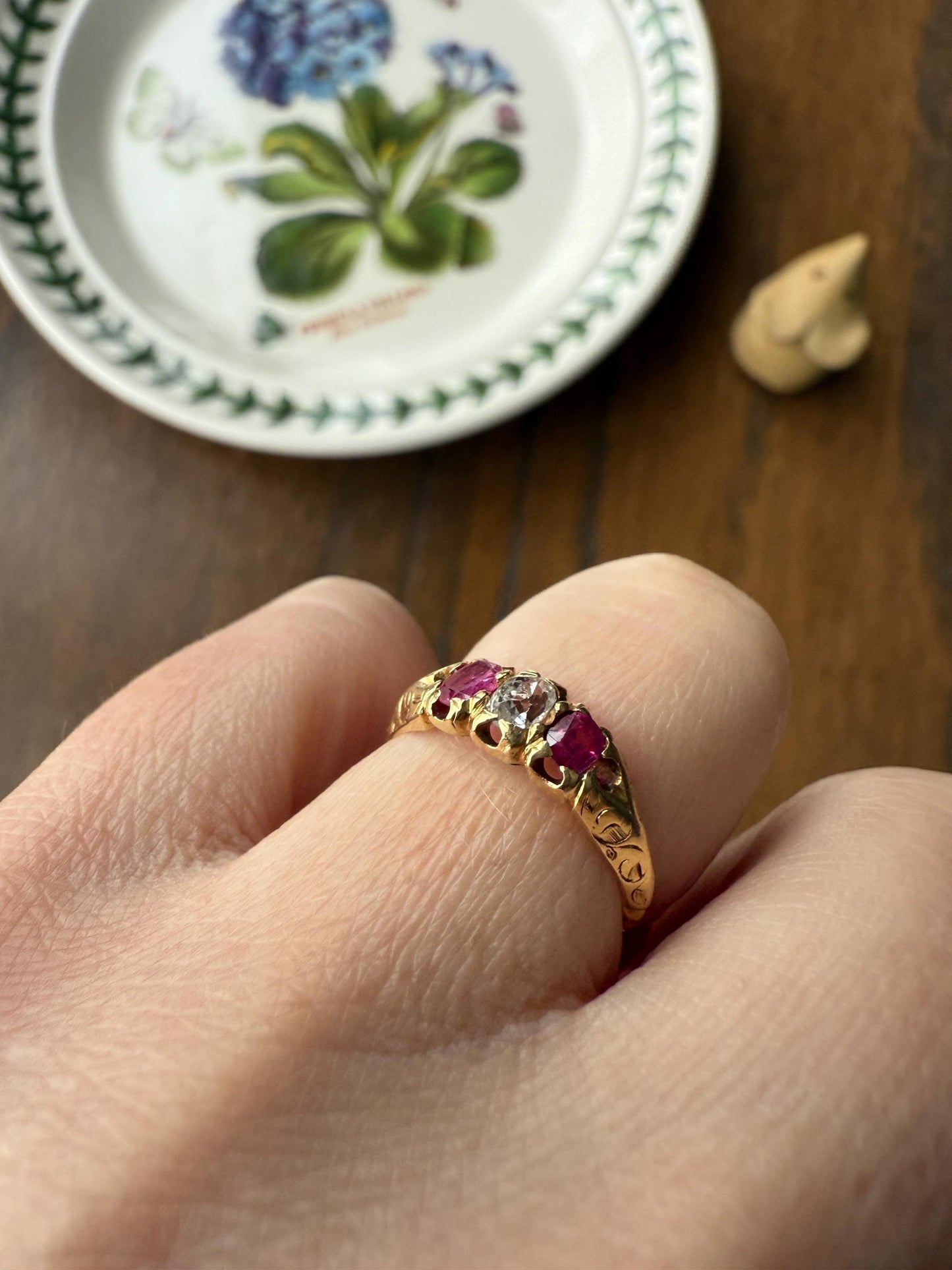 Antique Elongated Old Mine Cut DIAMOND Ruby Pink 18k Gold Three Stone Ring Stacker Band Victorian Pinky Midi Engraved Knife Edge Shoulders