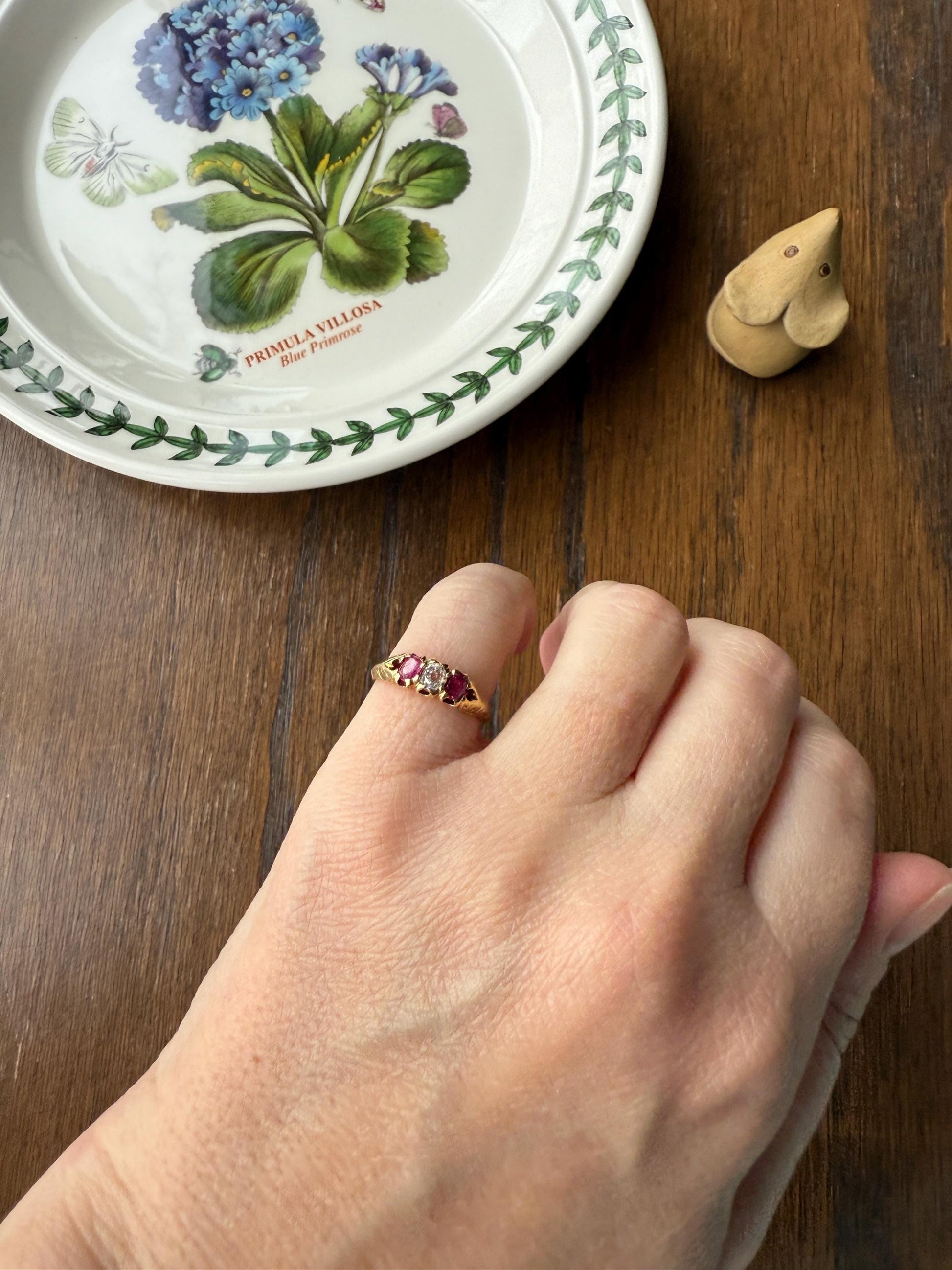 Antique Elongated Old Mine Cut DIAMOND Ruby Pink 18k Gold Three Stone Ring Stacker Band Victorian Pinky Midi Engraved Knife Edge Shoulders