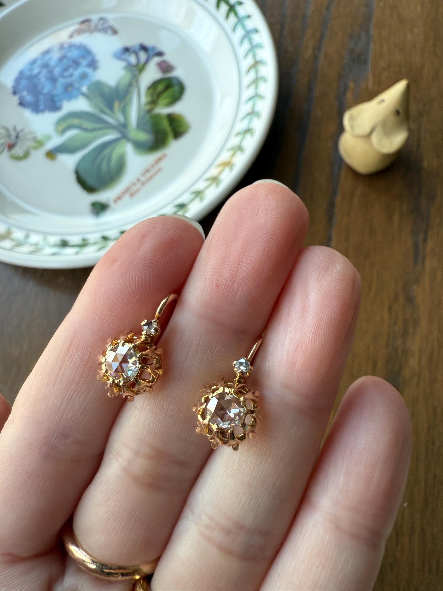 FRENCH Antique Eye Clean 1 Carat Tdw Face Up Open Back Rose Cut DIAMOND Linear Arrow Buttercup Earrings 18k Gold Victorian Dangle Dormeuse