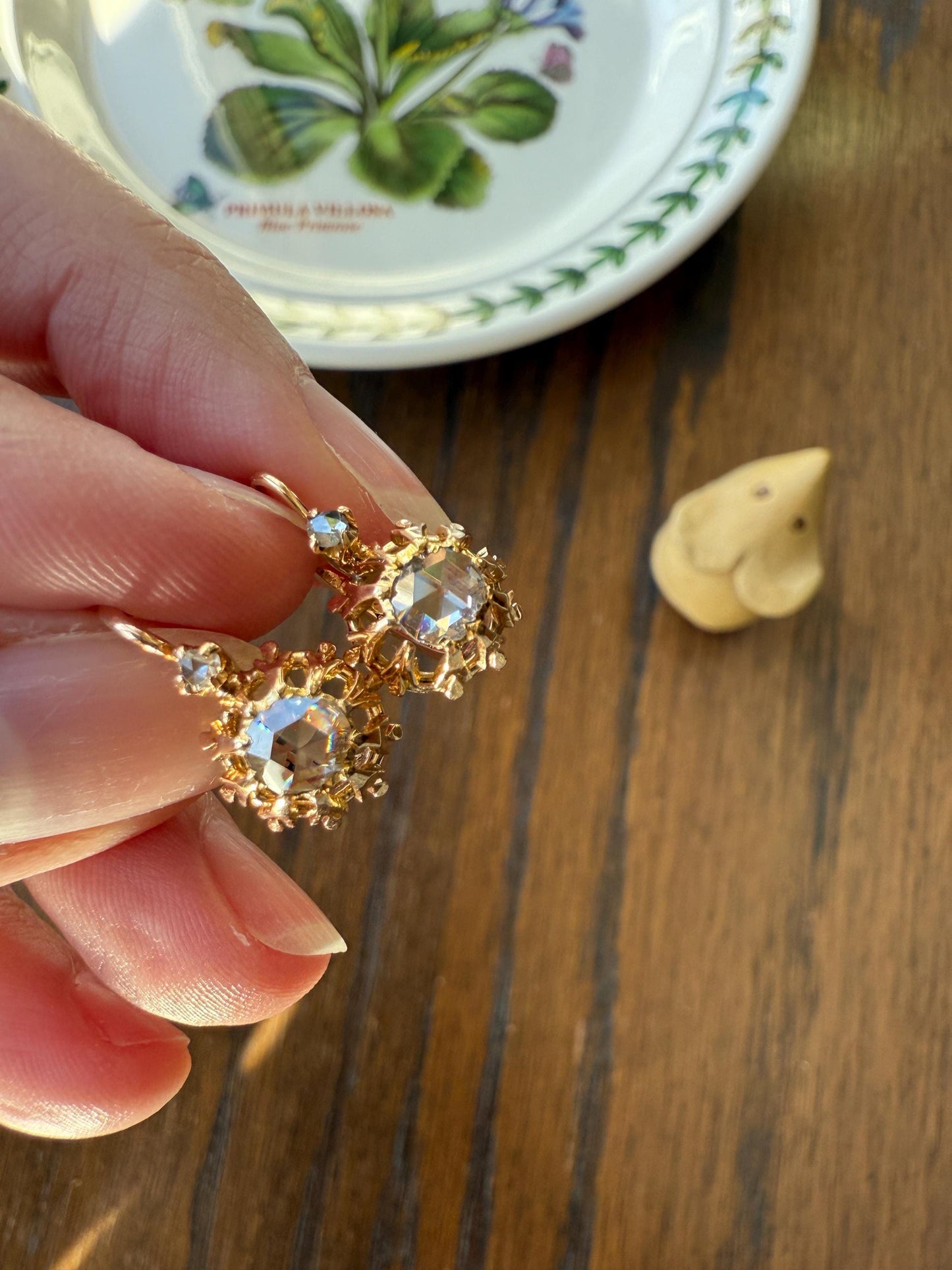 FRENCH Antique Eye Clean 1 Carat Tdw Face Up Open Back Rose Cut DIAMOND Linear Arrow Buttercup Earrings 18k Gold Victorian Dangle Dormeuse