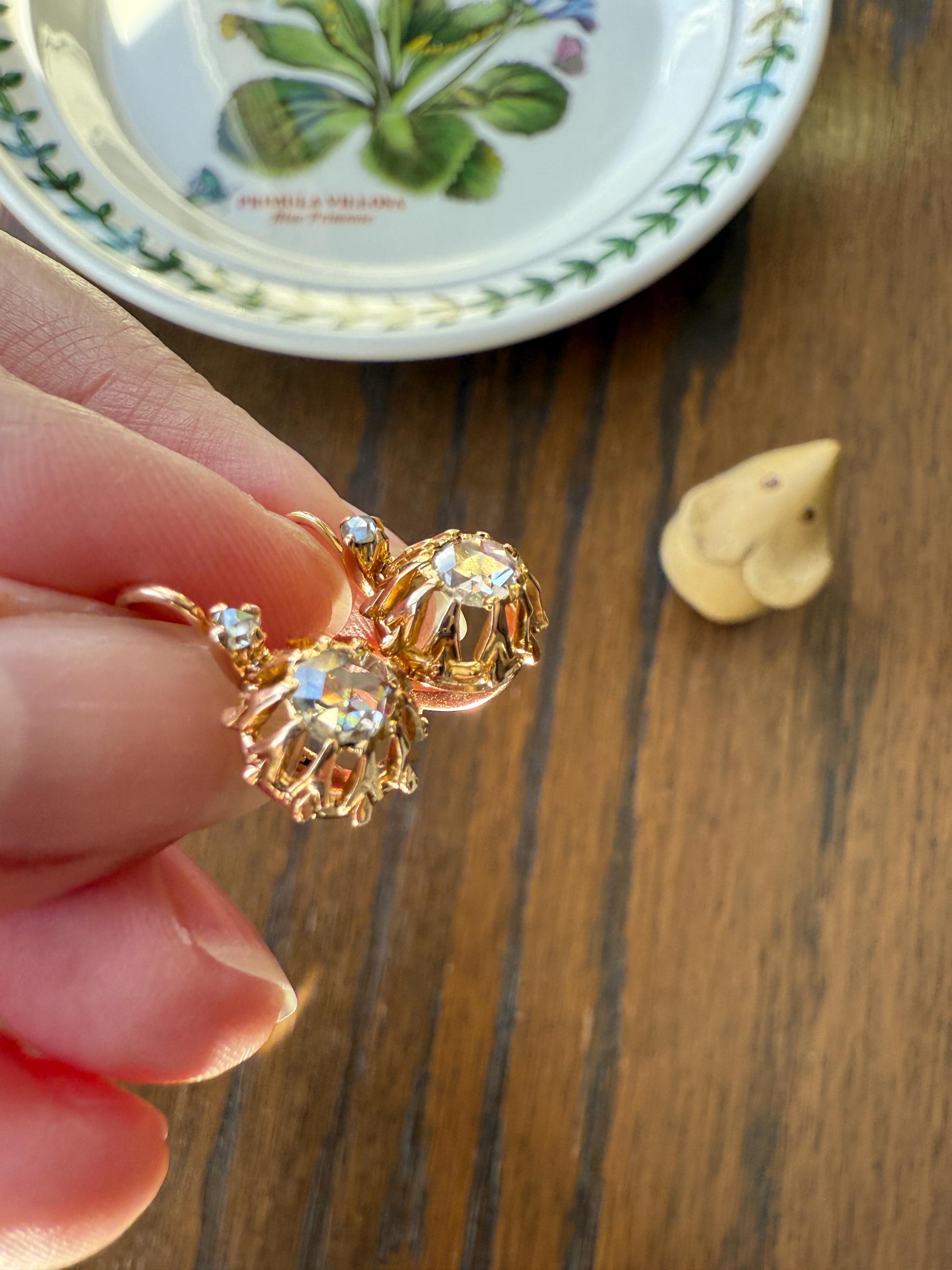 FRENCH Antique Eye Clean 1 Carat Tdw Face Up Open Back Rose Cut DIAMOND Linear Arrow Buttercup Earrings 18k Gold Victorian Dangle Dormeuse