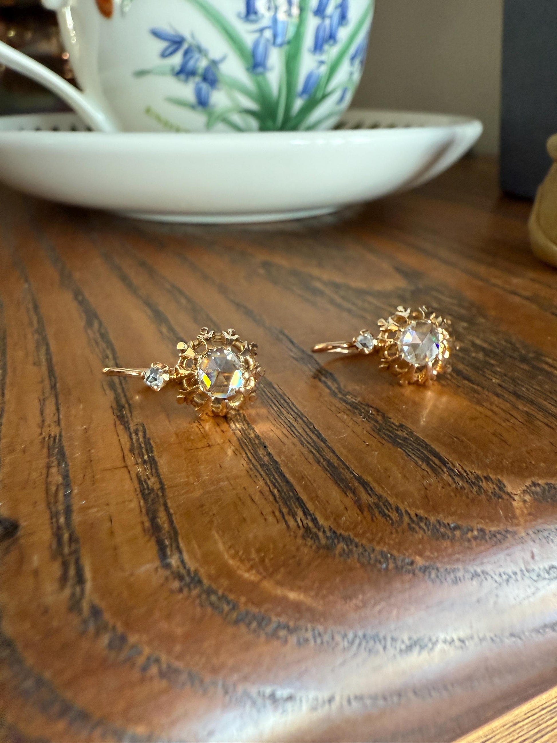 FRENCH Antique Eye Clean 1 Carat Tdw Face Up Open Back Rose Cut DIAMOND Linear Arrow Buttercup Earrings 18k Gold Victorian Dangle Dormeuse