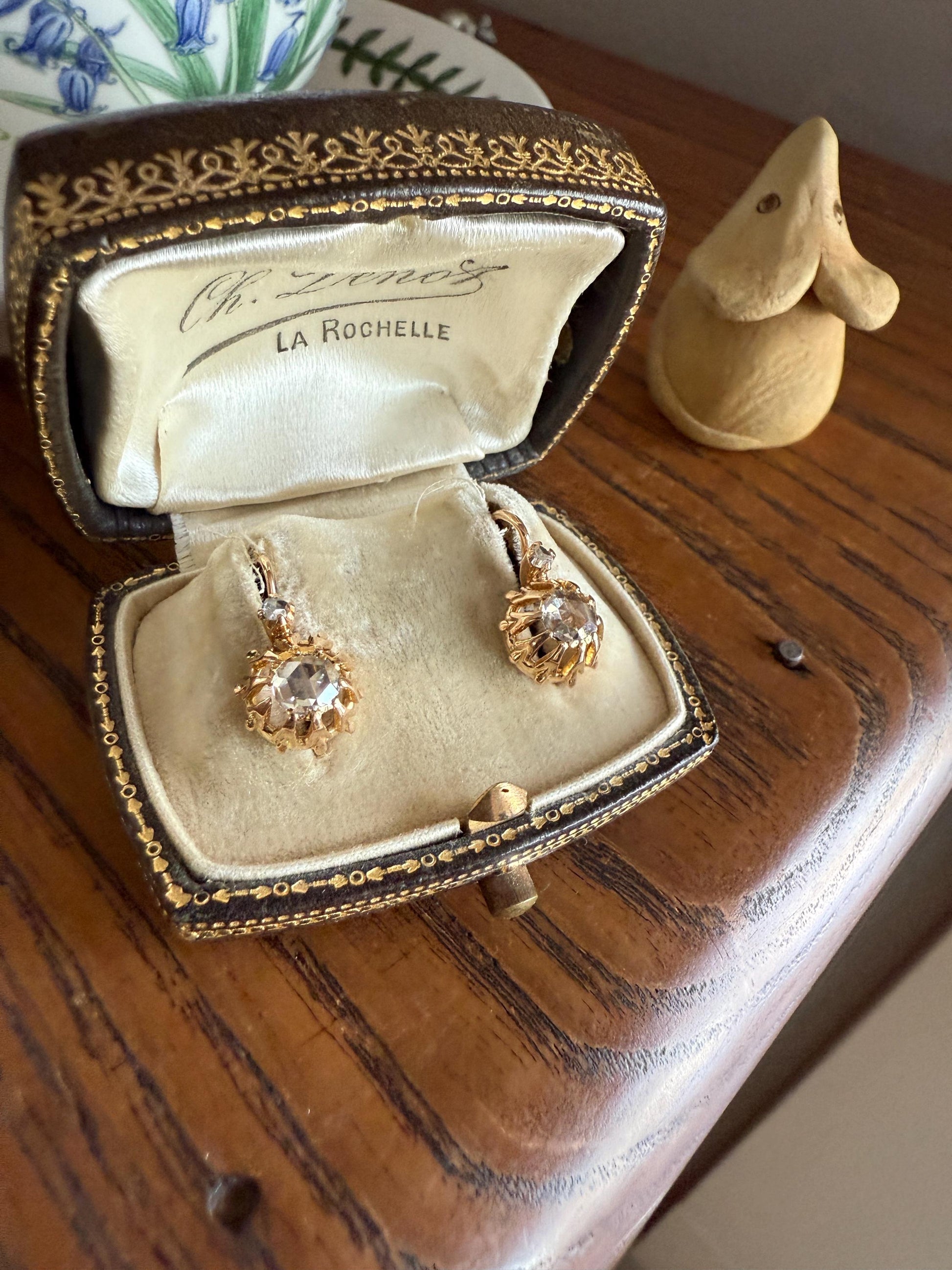 FRENCH Antique Eye Clean 1 Carat Tdw Face Up Open Back Rose Cut DIAMOND Linear Arrow Buttercup Earrings 18k Gold Victorian Dangle Dormeuse