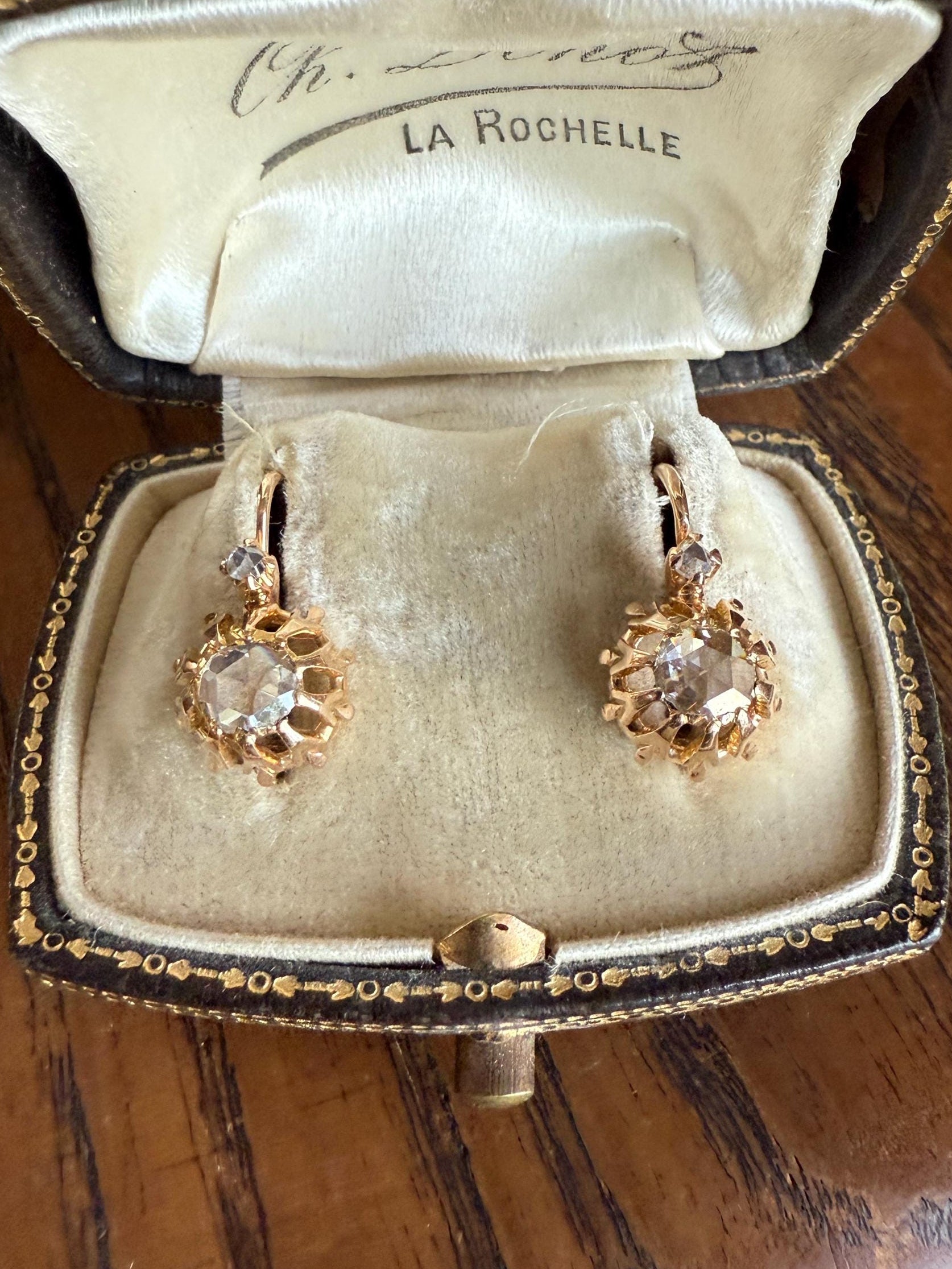 FRENCH Antique Eye Clean 1 Carat Tdw Face Up Open Back Rose Cut DIAMOND Linear Arrow Buttercup Earrings 18k Gold Victorian Dangle Dormeuse