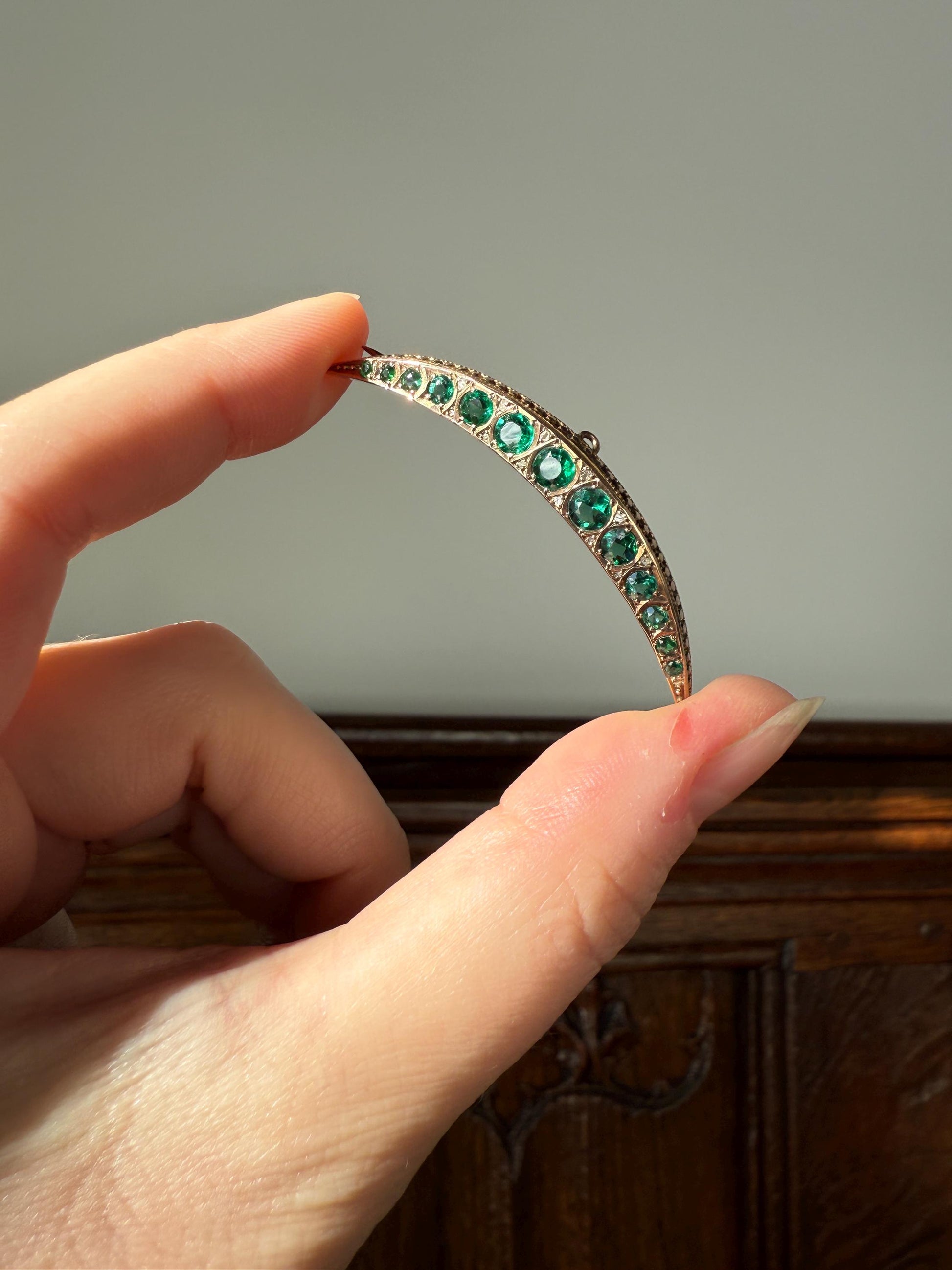 Large MOON Crescent Brooch 9k Gold c1905 Green Paste Rose Cut DIAMOND Extender Connector Pendant Holder Figural Celestial Pin