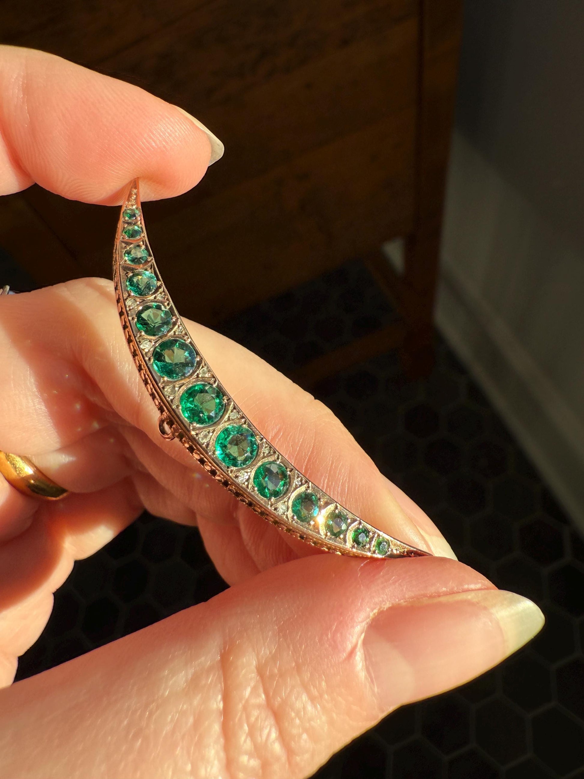 Large MOON Crescent Brooch 9k Gold c1905 Green Paste Rose Cut DIAMOND Extender Connector Pendant Holder Figural Celestial Pin