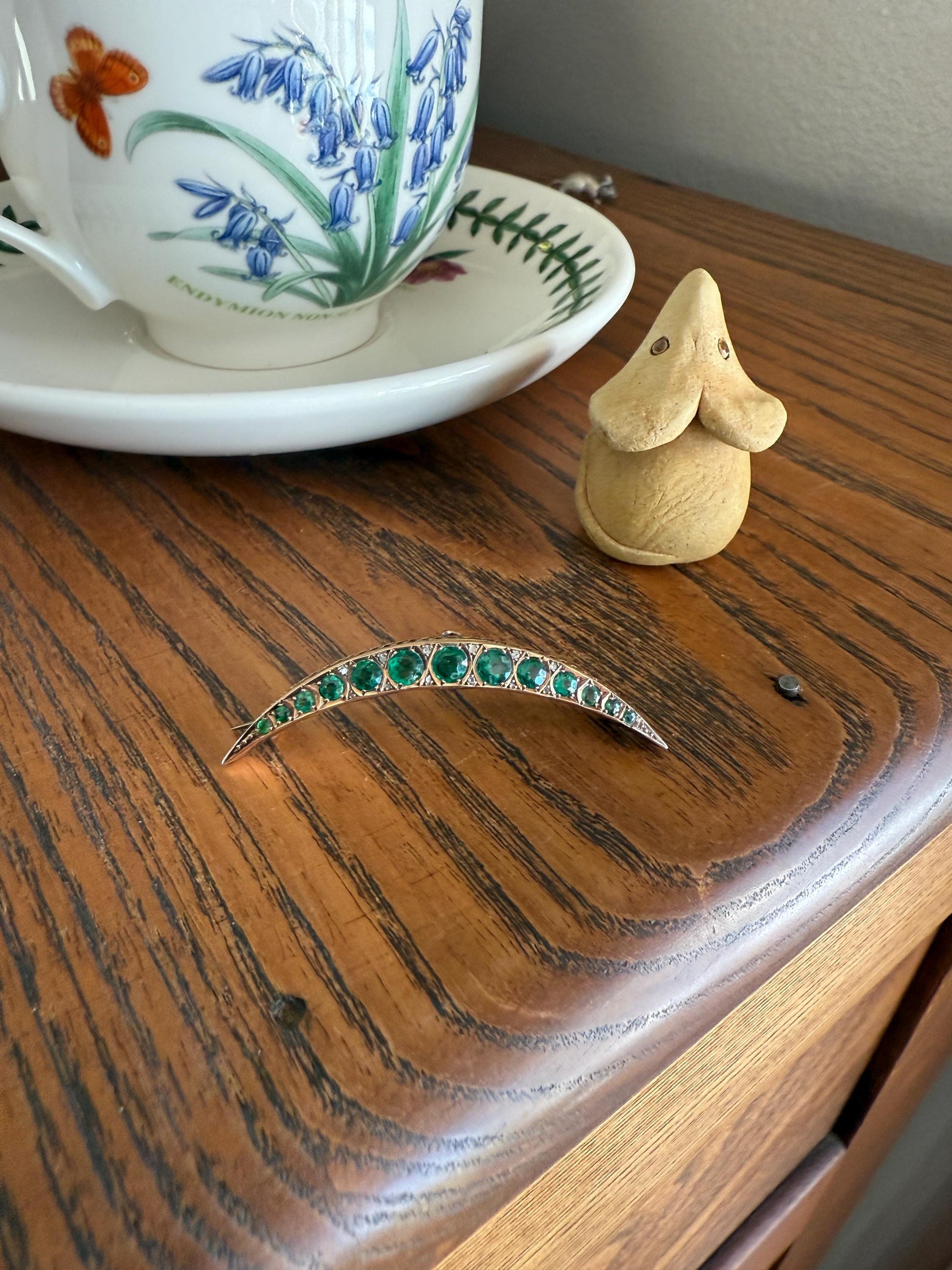 Large MOON Crescent Brooch 9k Gold c1905 Green Paste Rose Cut DIAMOND Extender Connector Pendant Holder Figural Celestial Pin