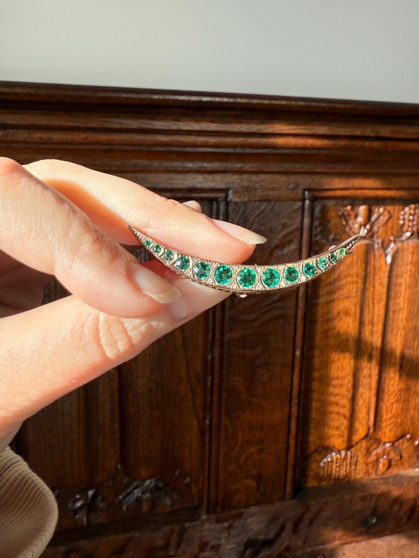 Large MOON Crescent Brooch 9k Gold c1905 Green Paste Rose Cut DIAMOND Extender Connector Pendant Holder Figural Celestial Pin