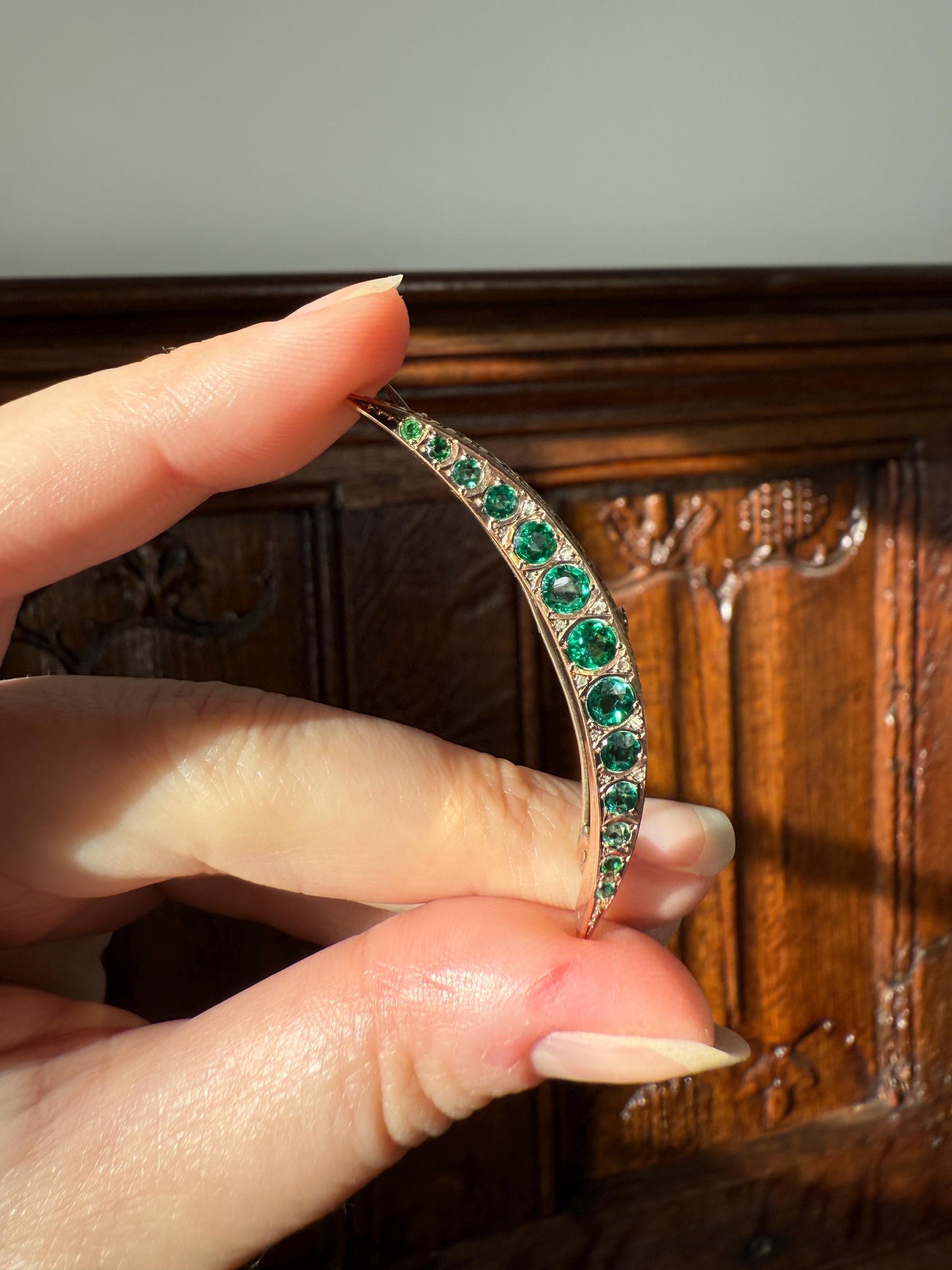 Large MOON Crescent Brooch 9k Gold c1905 Green Paste Rose Cut DIAMOND Extender Connector Pendant Holder Figural Celestial Pin