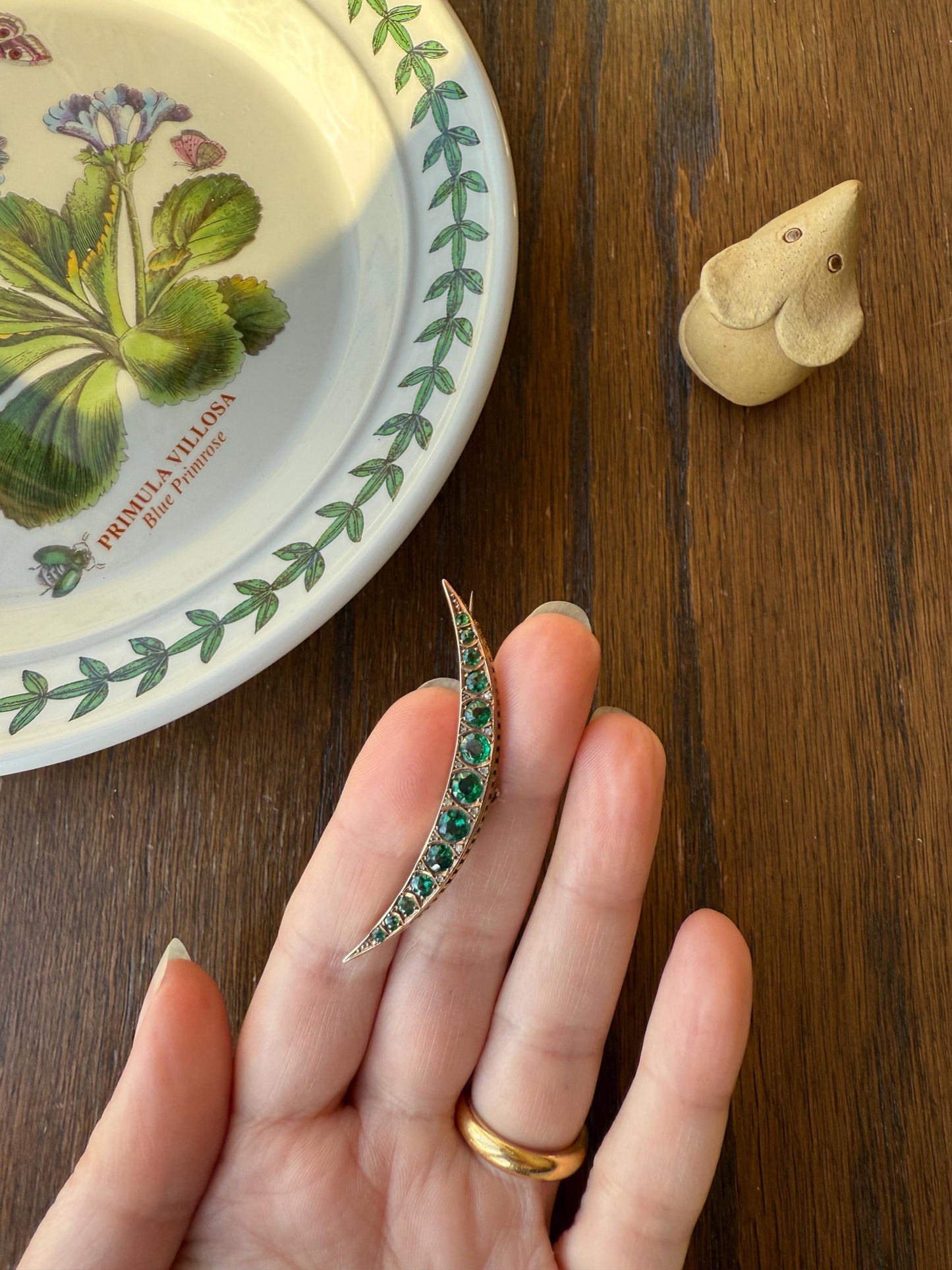 Large MOON Crescent Brooch 9k Gold c1905 Green Paste Rose Cut DIAMOND Extender Connector Pendant Holder Figural Celestial Pin