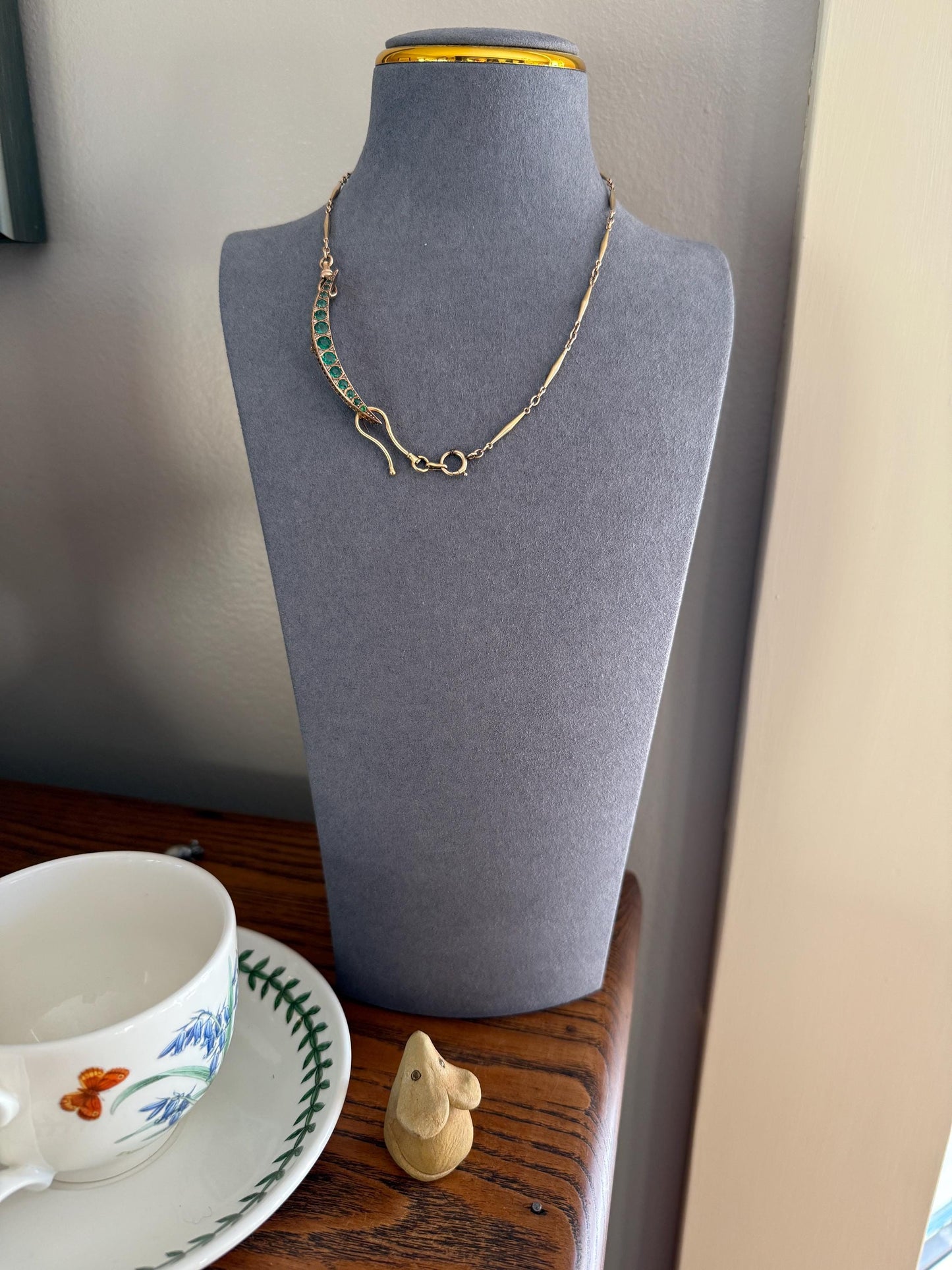 Large MOON Crescent Brooch 9k Gold c1905 Green Paste Rose Cut DIAMOND Extender Connector Pendant Holder Figural Celestial Pin