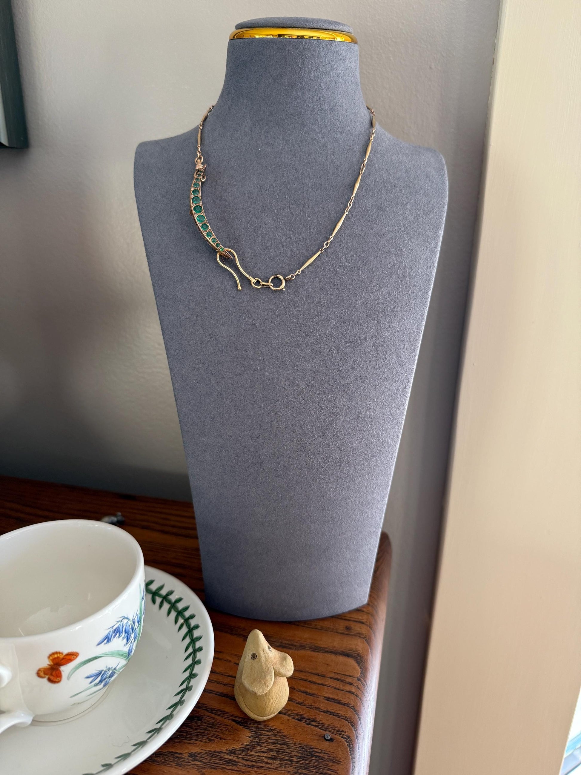 Large MOON Crescent Brooch 9k Gold c1905 Green Paste Rose Cut DIAMOND Extender Connector Pendant Holder Figural Celestial Pin