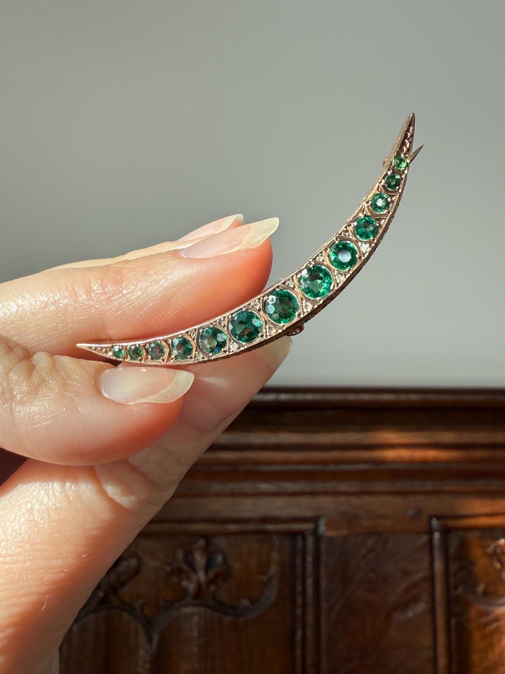 Large MOON Crescent Brooch 9k Gold c1905 Green Paste Rose Cut DIAMOND Extender Connector Pendant Holder Figural Celestial Pin