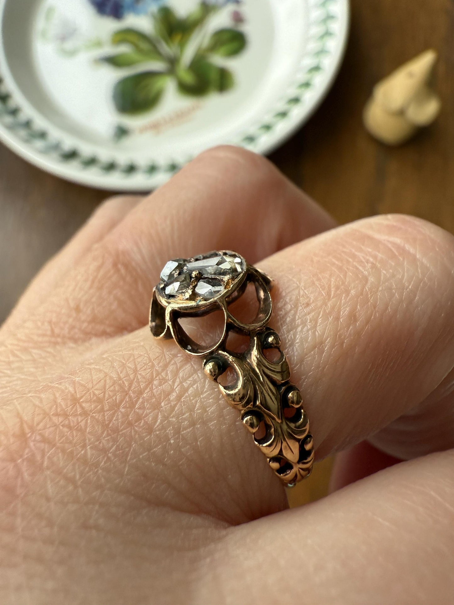 RARE 1700s Chiffre Triangle Rose Cut DIAMOND Ring French ANTiQUE Cobblestone Cluster Buttercup 18k Gold Fleur de Lis Victorian Band