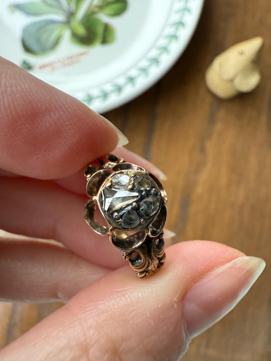 RARE 1700s Chiffre Triangle Rose Cut DIAMOND Ring French ANTiQUE Cobblestone Cluster Buttercup 18k Gold Fleur de Lis Victorian Band