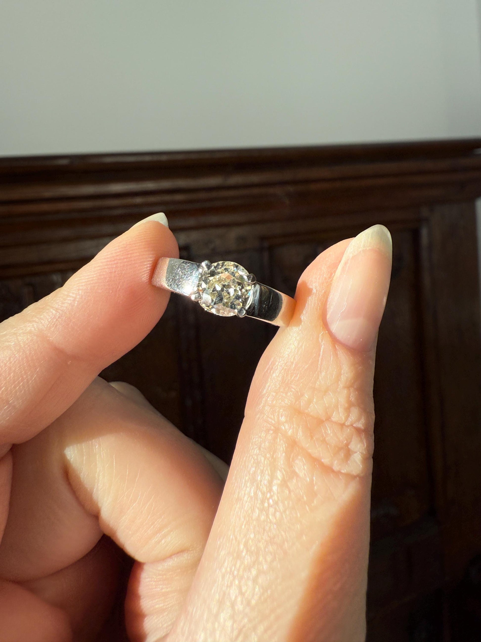 Vintage One Carat Antique Old Mine Cut DIAMOND Ring Stacker Band 7.7g 18k White Gold Solitaire Geometric Engagement 1Ctw OmC