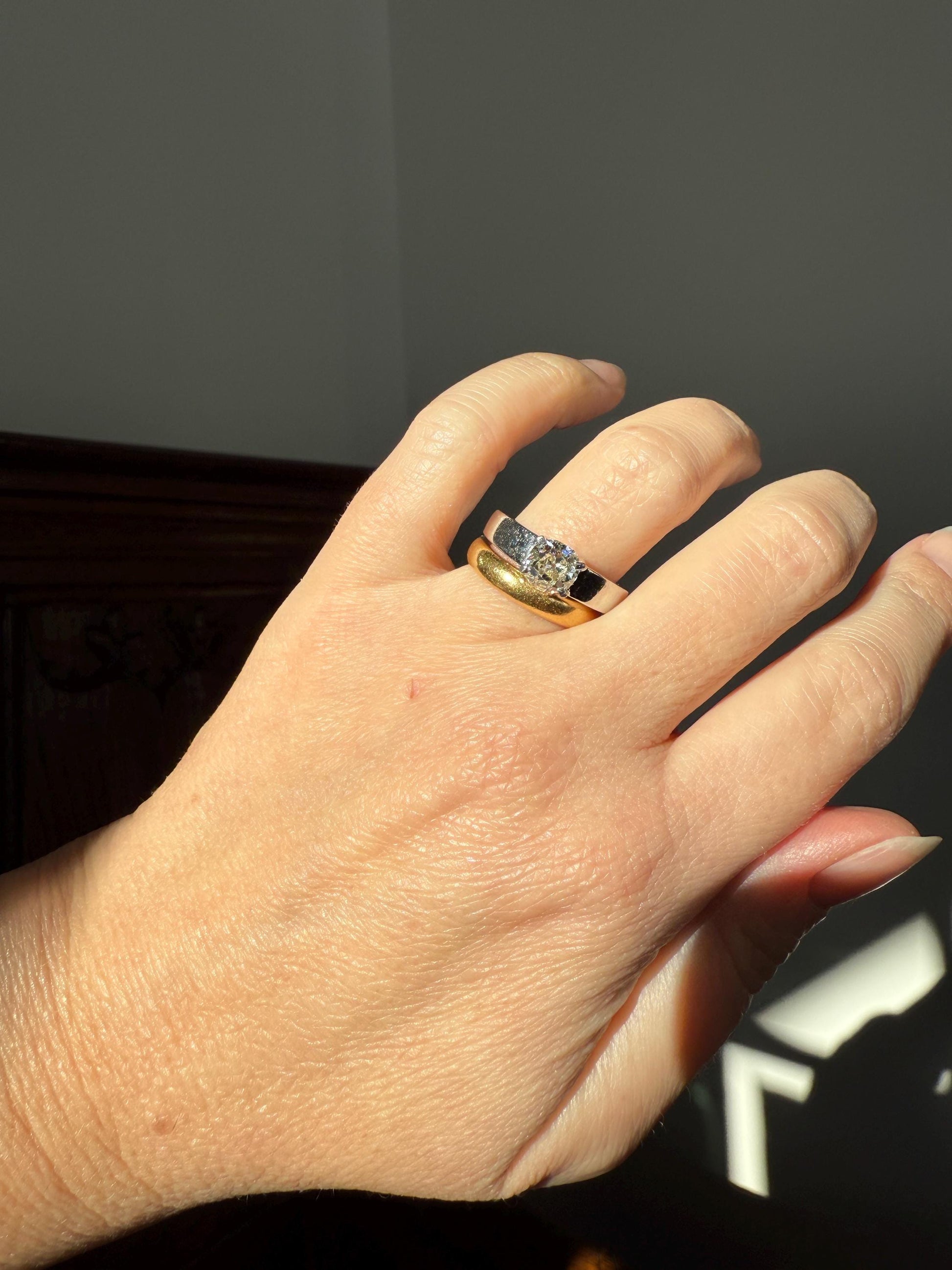 Vintage One Carat Antique Old Mine Cut DIAMOND Ring Stacker Band 7.7g 18k White Gold Solitaire Geometric Engagement 1Ctw OmC