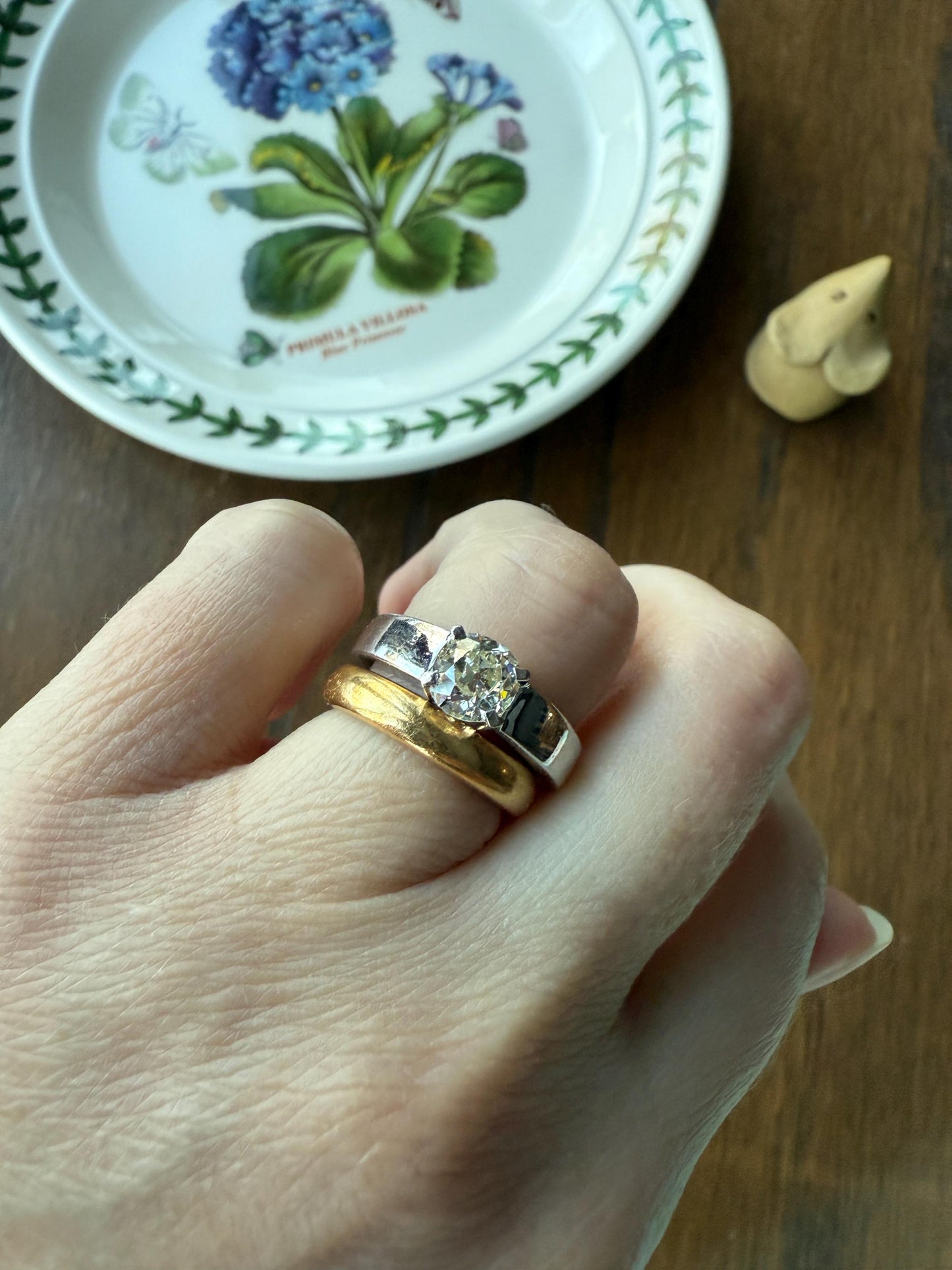 Vintage One Carat Antique Old Mine Cut DIAMOND Ring Stacker Band 7.7g 18k White Gold Solitaire Geometric Engagement 1Ctw OmC