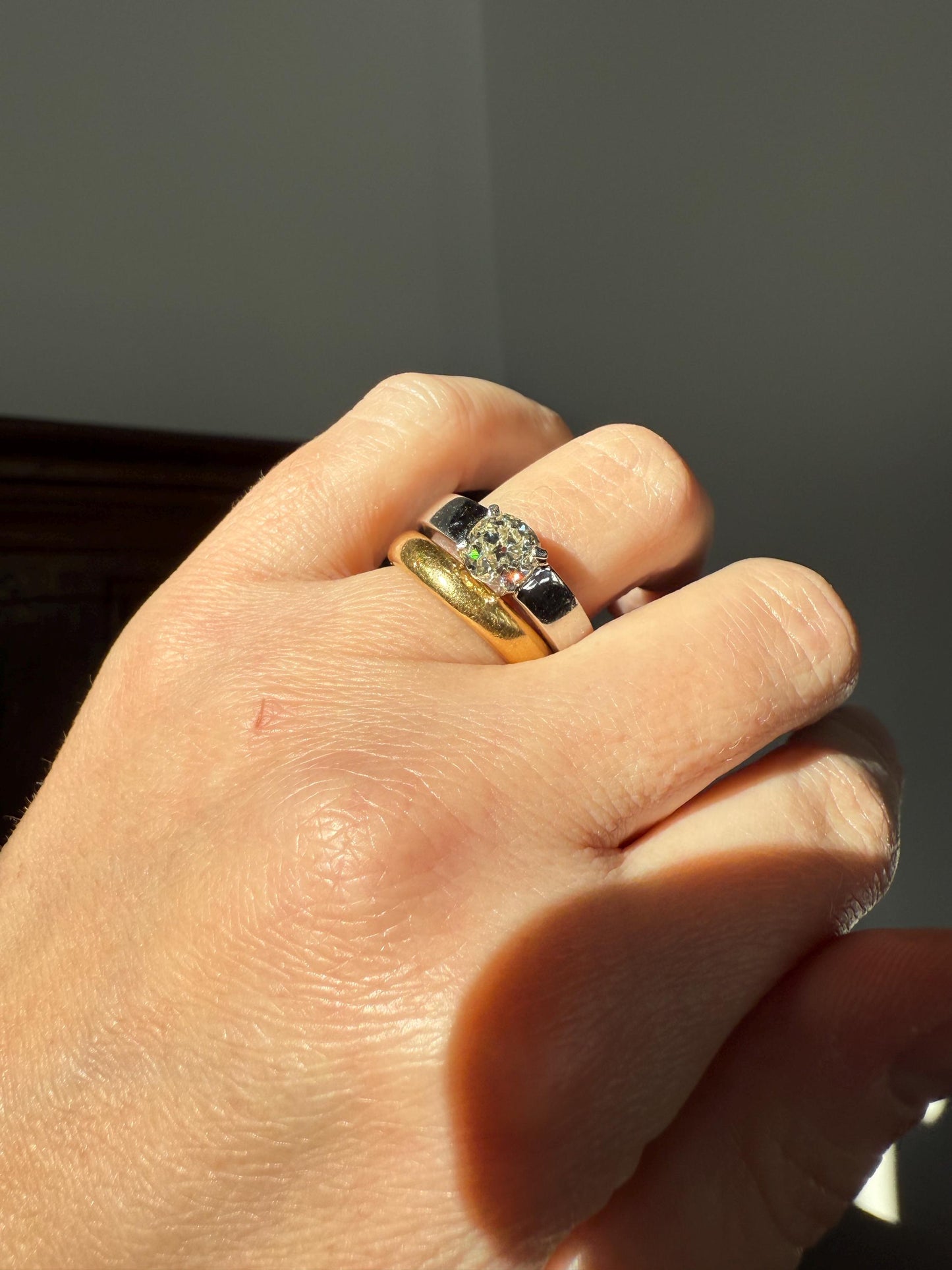 Vintage One Carat Antique Old Mine Cut DIAMOND Ring Stacker Band 7.7g 18k White Gold Solitaire Geometric Engagement 1Ctw OmC