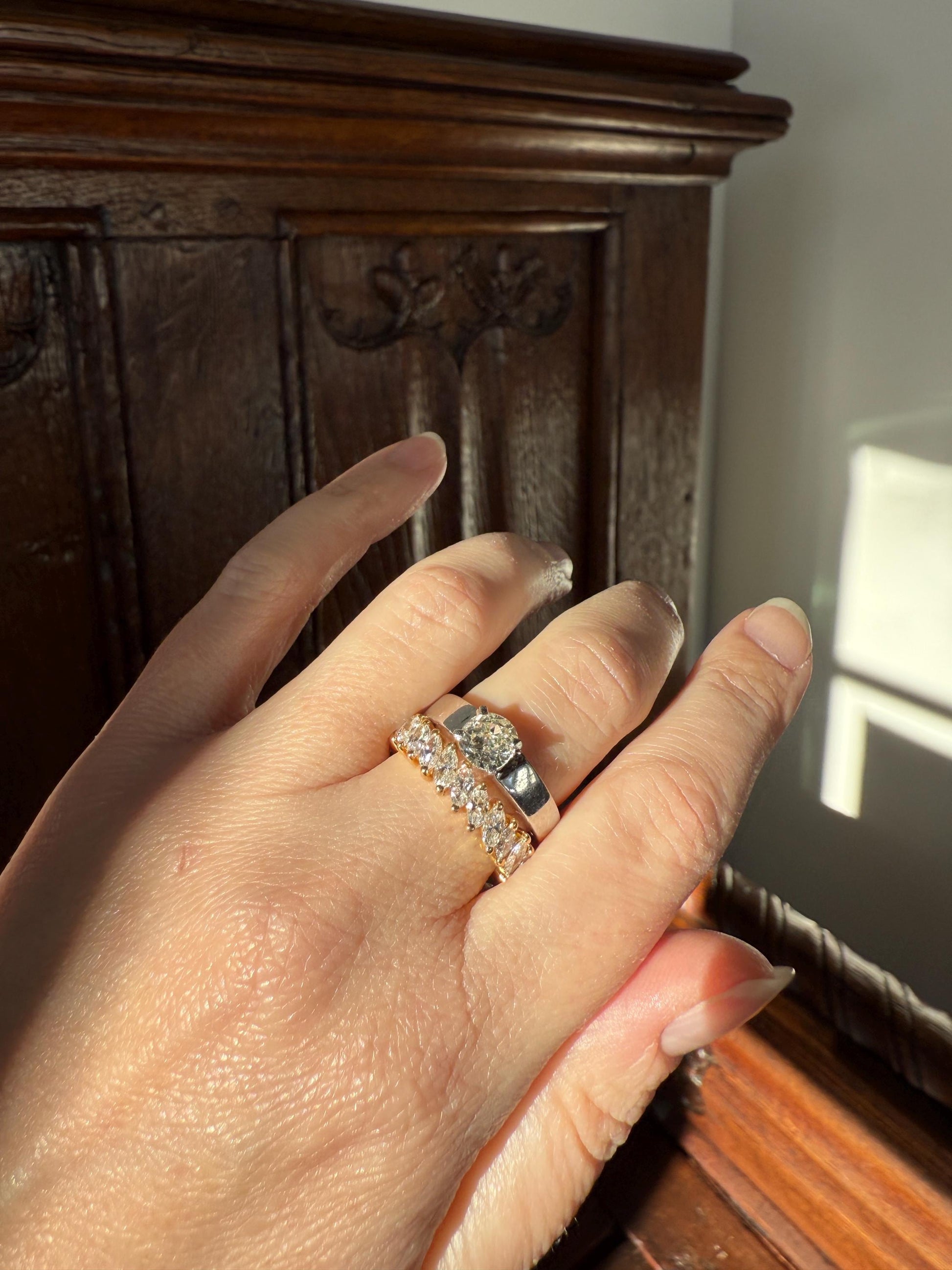 Vintage One Carat Antique Old Mine Cut DIAMOND Ring Stacker Band 7.7g 18k White Gold Solitaire Geometric Engagement 1Ctw OmC