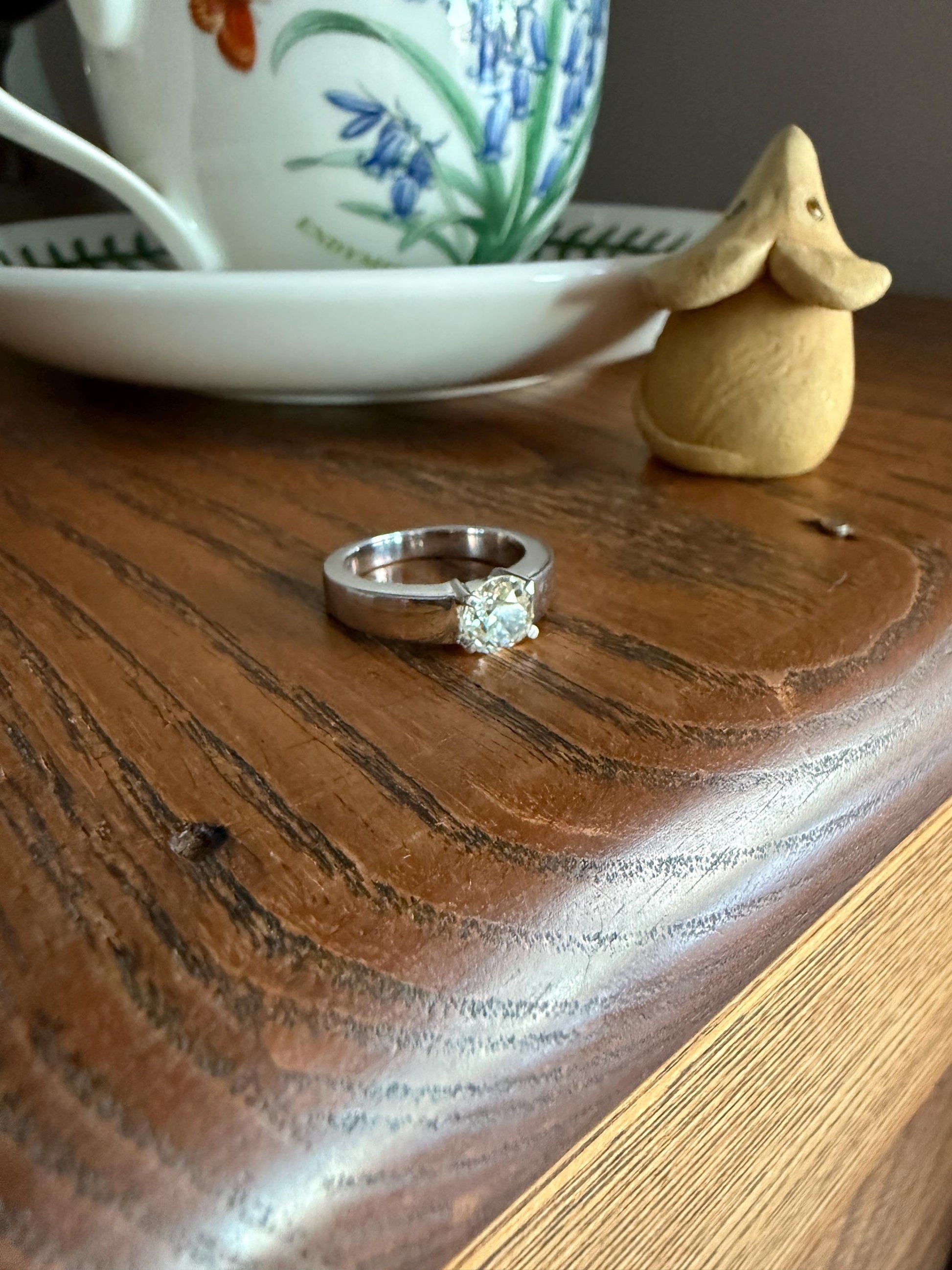 Vintage One Carat Antique Old Mine Cut DIAMOND Ring Stacker Band 7.7g 18k White Gold Solitaire Geometric Engagement 1Ctw OmC