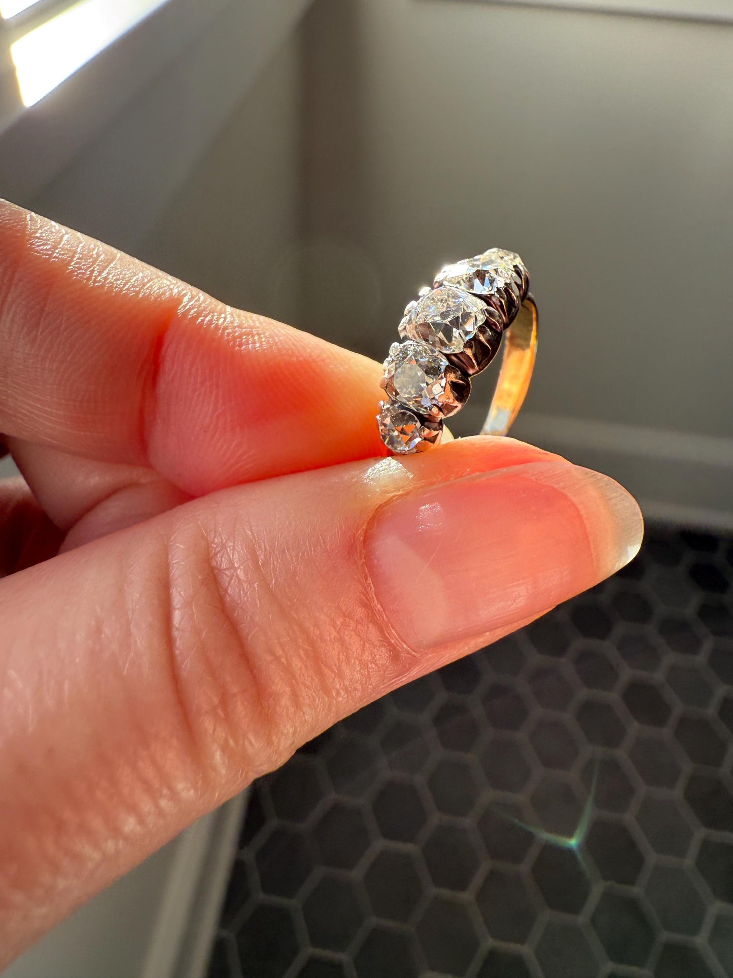 Chunky 2 Carats Old Mine Cut DIAMOND Five Stone Stacker Band Early Victorian Open Back Antique 18k Gold Silver Collet Georgian Stacker OMC