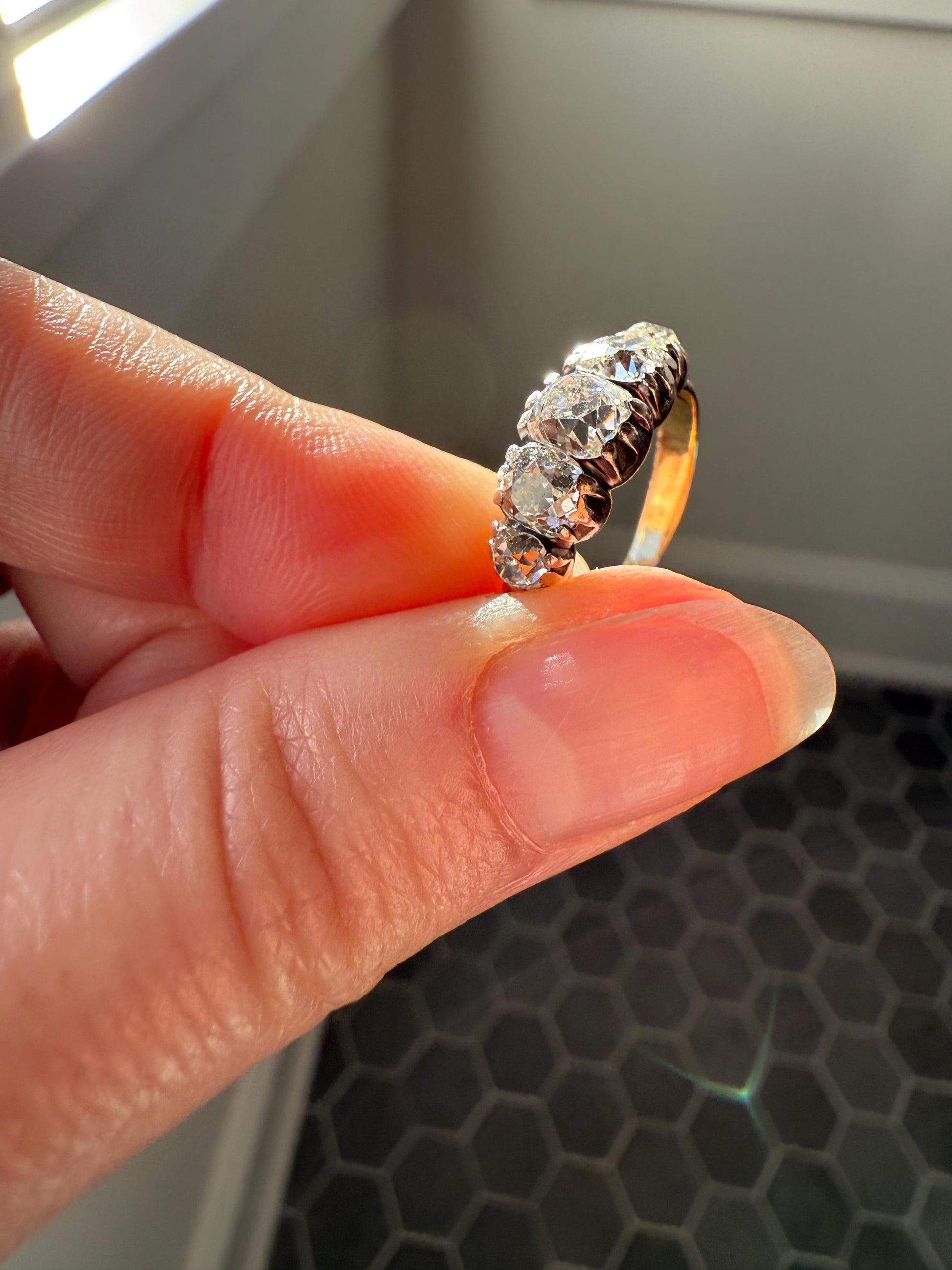 Chunky 2 Carats Old Mine Cut DIAMOND Five Stone Stacker Band Early Victorian Open Back Antique 18k Gold Silver Collet Georgian Stacker OMC