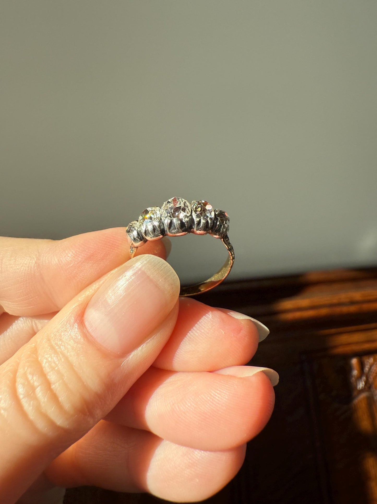 Chunky 2 Carats Old Mine Cut DIAMOND Five Stone Stacker Band Early Victorian Open Back Antique 18k Gold Silver Collet Georgian Stacker OMC