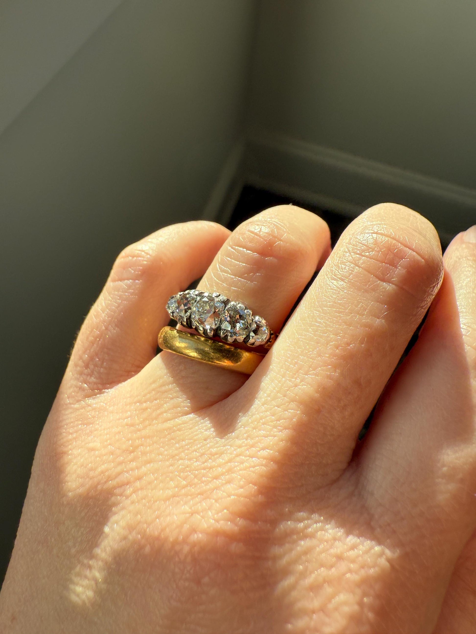 Chunky 2 Carats Old Mine Cut DIAMOND Five Stone Stacker Band Early Victorian Open Back Antique 18k Gold Silver Collet Georgian Stacker OMC