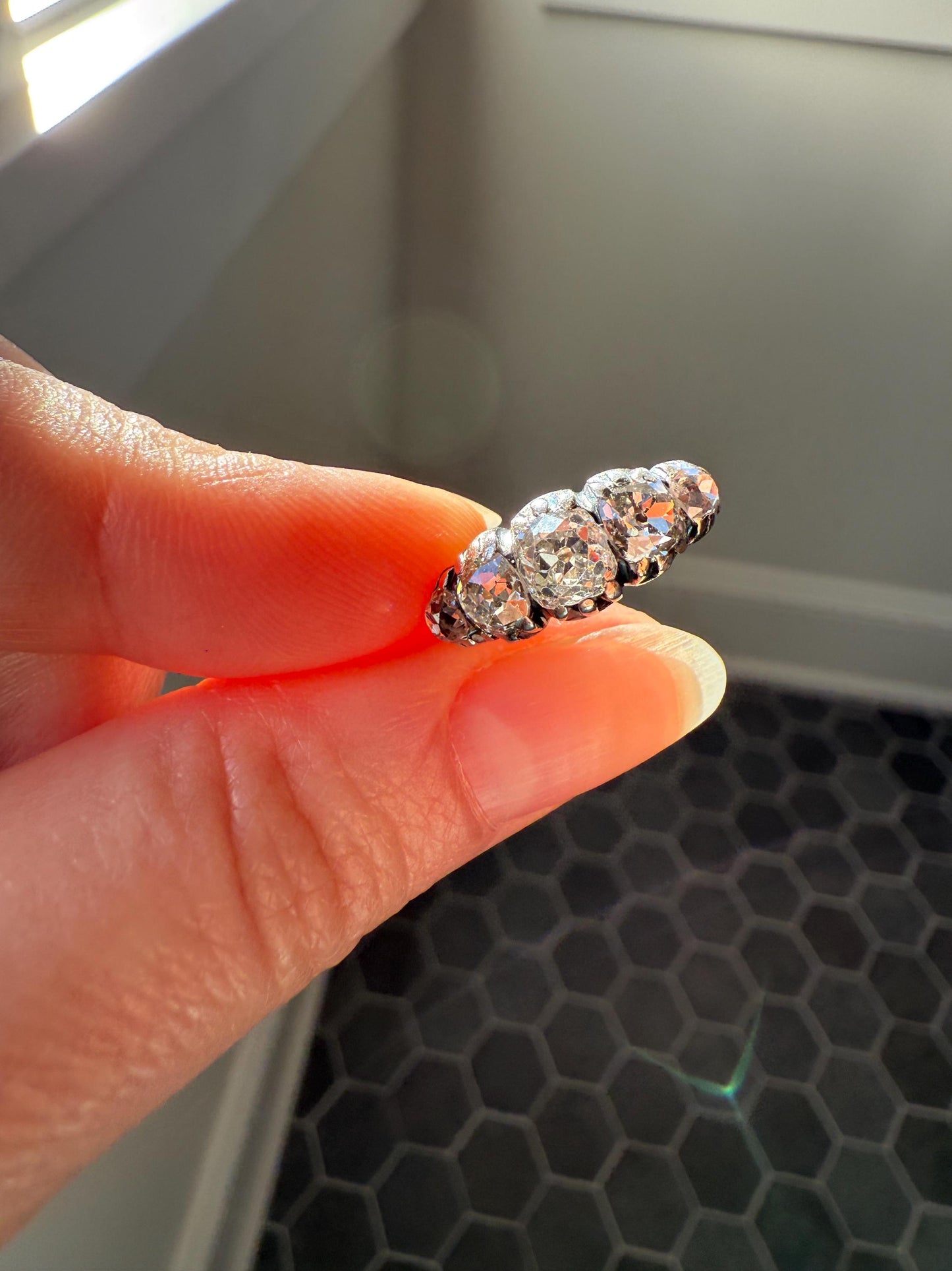 Chunky 2 Carats Old Mine Cut DIAMOND Five Stone Stacker Band Early Victorian Open Back Antique 18k Gold Silver Collet Georgian Stacker OMC