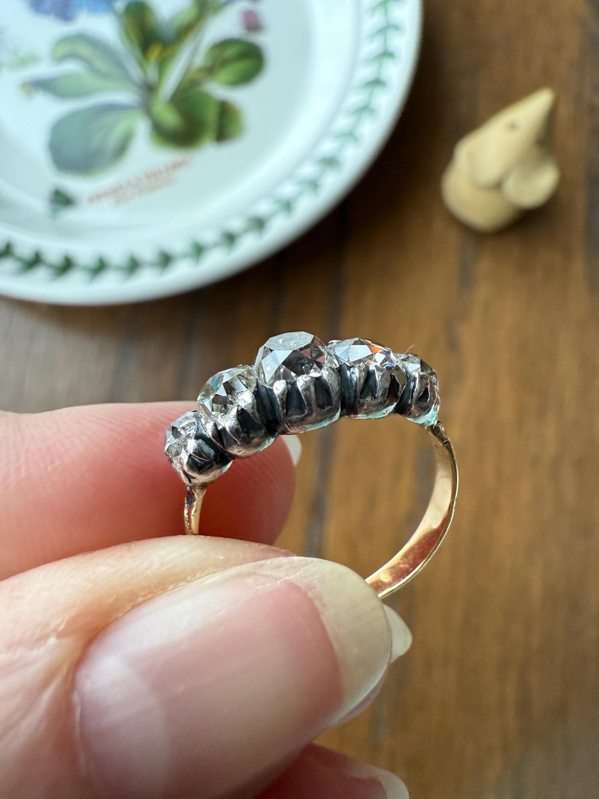 Chunky 2 Carats Old Mine Cut DIAMOND Five Stone Stacker Band Early Victorian Open Back Antique 18k Gold Silver Collet Georgian Stacker OMC