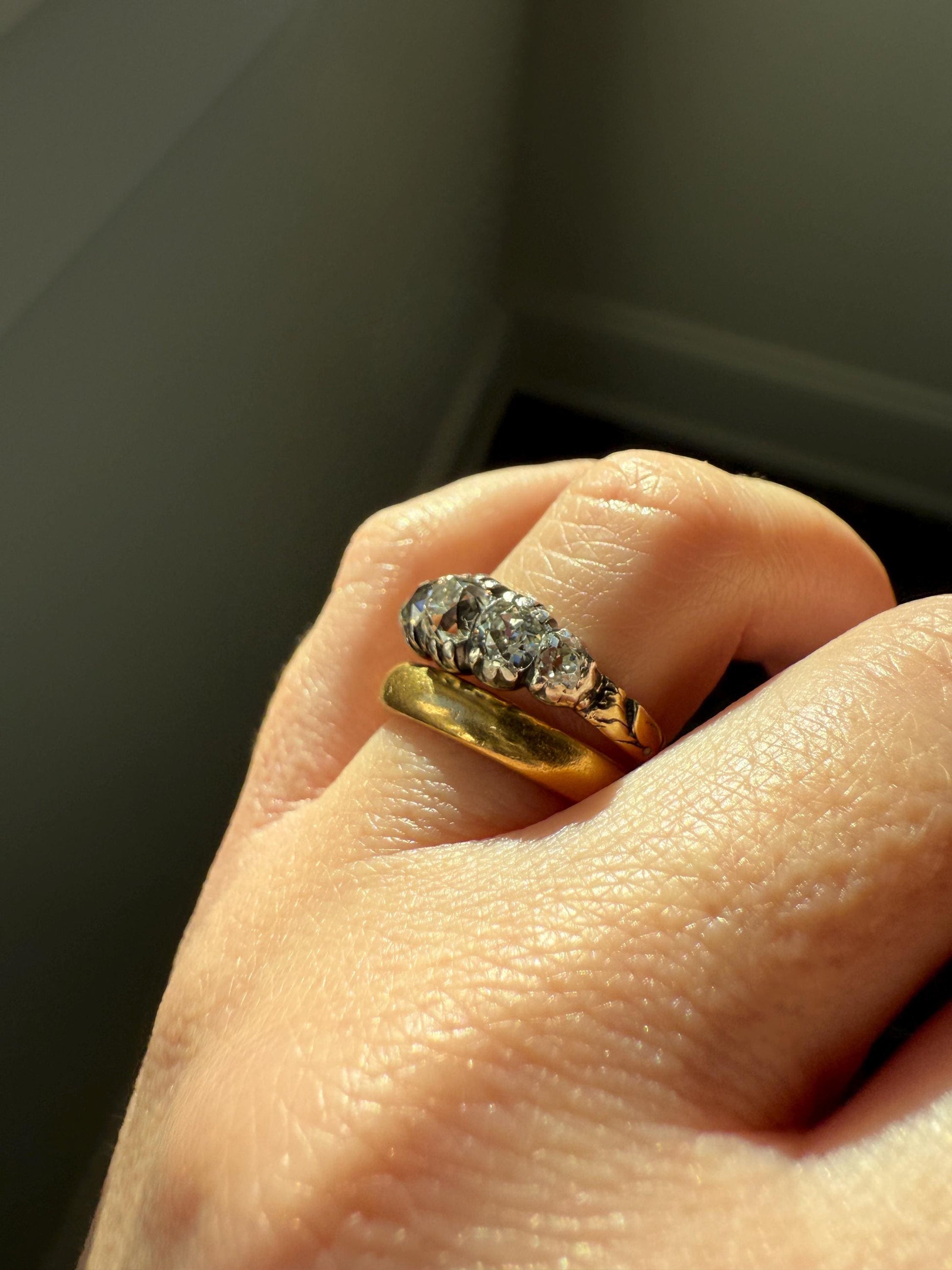 Chunky 2 Carats Old Mine Cut DIAMOND Five Stone Stacker Band Early Victorian Open Back Antique 18k Gold Silver Collet Georgian Stacker OMC