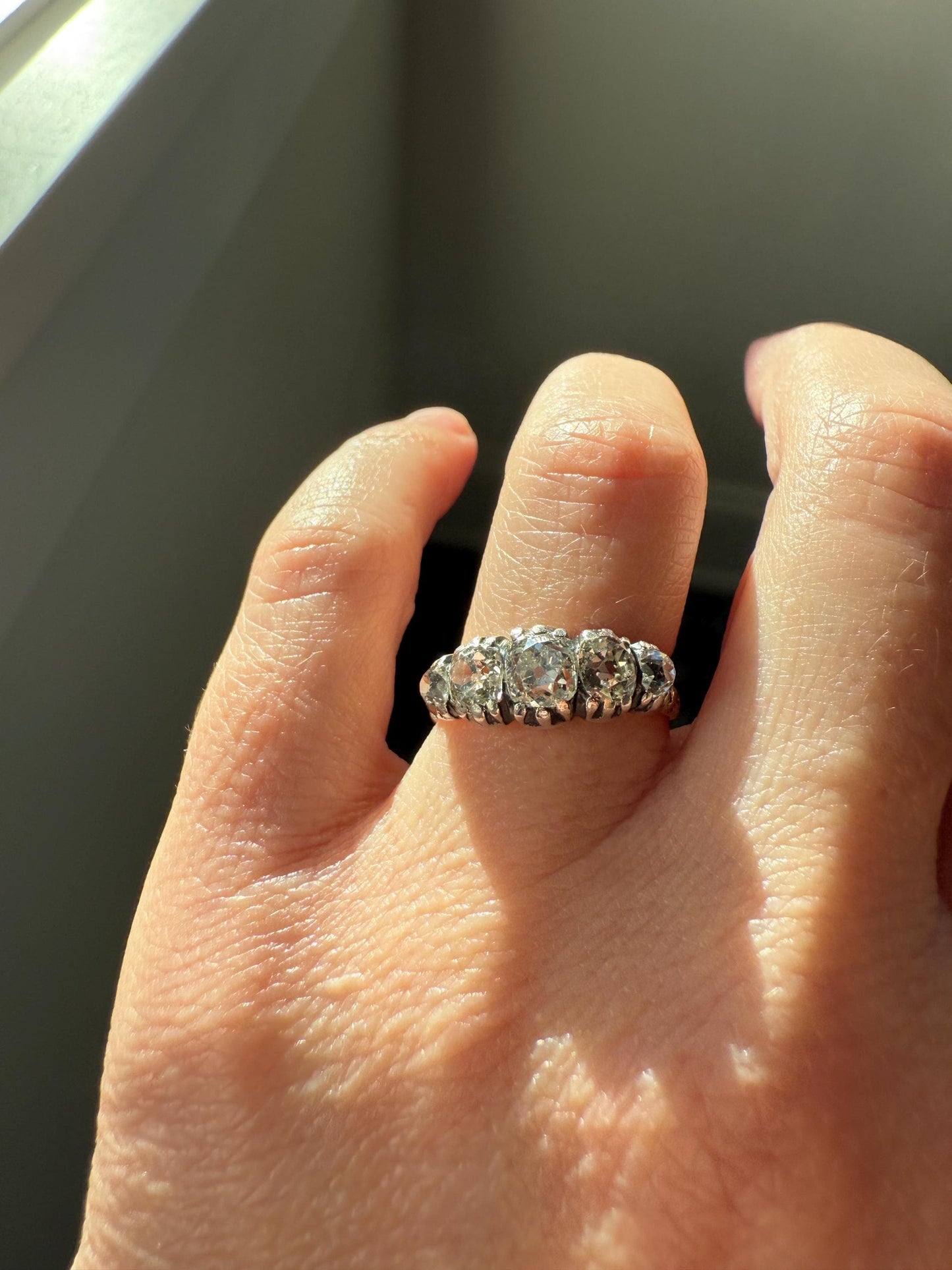 Chunky 2 Carats Old Mine Cut DIAMOND Five Stone Stacker Band Early Victorian Open Back Antique 18k Gold Silver Collet Georgian Stacker OMC