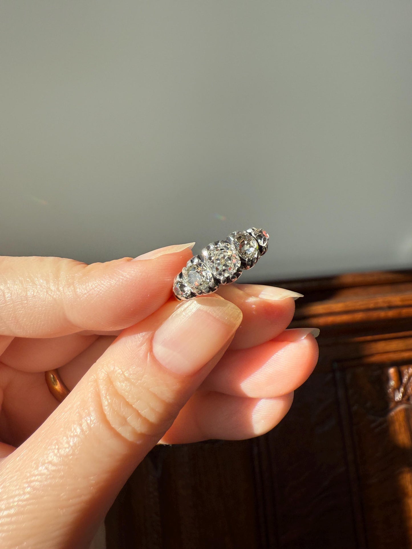 Chunky 2 Carats Old Mine Cut DIAMOND Five Stone Stacker Band Early Victorian Open Back Antique 18k Gold Silver Collet Georgian Stacker OMC
