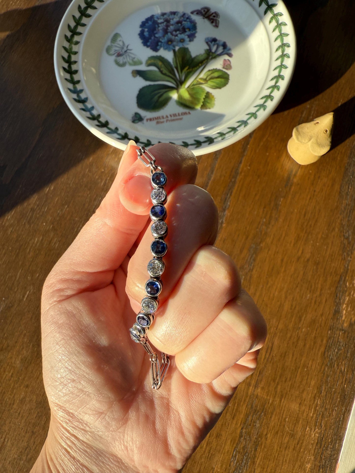 Art Deco SAPPHIRE Old Mine & Transitional Cut DIAMOND Tennis Bracelet 18k White Gold Vintage Bezel Set Milgrain Wriststack 5Ctw Stacker