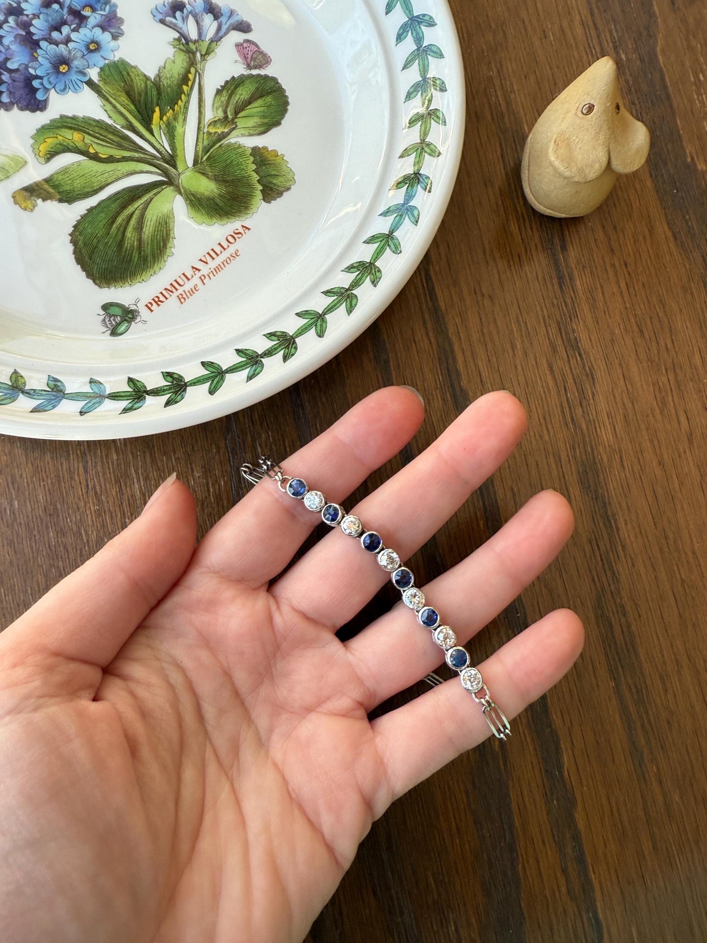 Art Deco SAPPHIRE Old Mine & Transitional Cut DIAMOND Tennis Bracelet 18k White Gold Vintage Bezel Set Milgrain Wriststack 5Ctw Stacker