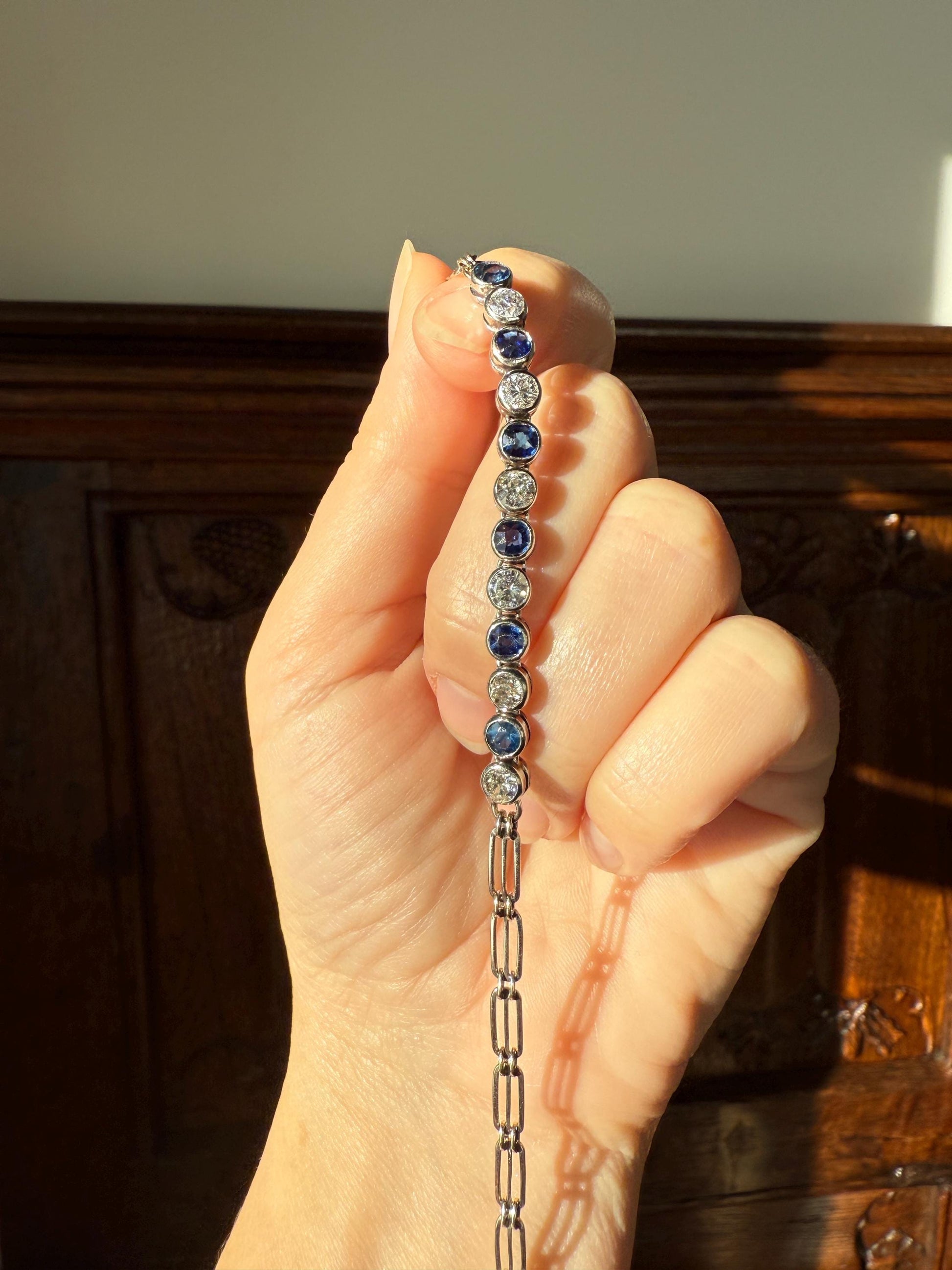 Art Deco SAPPHIRE Old Mine & Transitional Cut DIAMOND Tennis Bracelet 18k White Gold Vintage Bezel Set Milgrain Wriststack 5Ctw Stacker