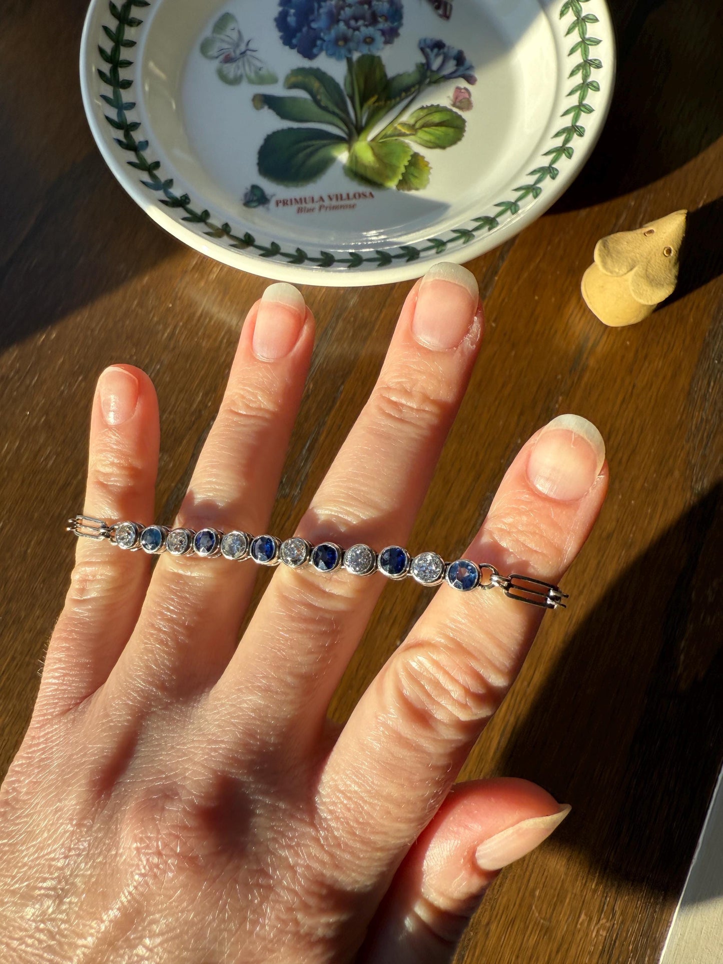 Art Deco SAPPHIRE Old Mine & Transitional Cut DIAMOND Tennis Bracelet 18k White Gold Vintage Bezel Set Milgrain Wriststack 5Ctw Stacker