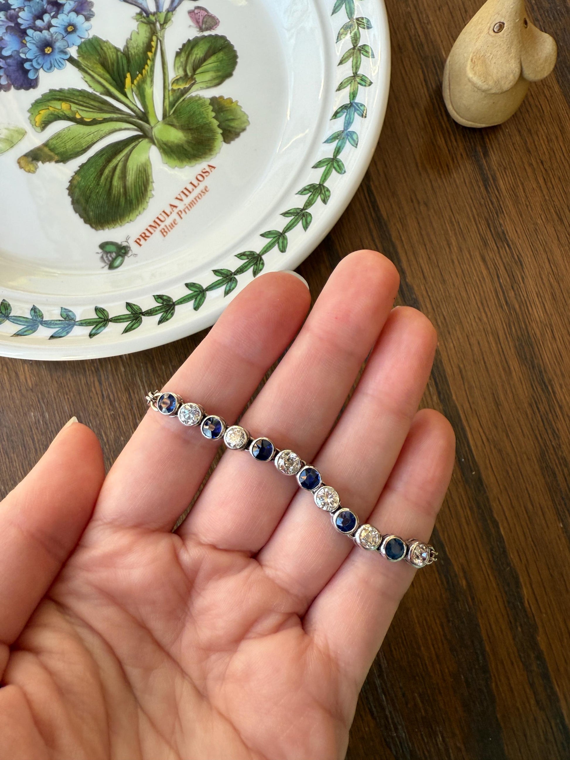 Art Deco SAPPHIRE Old Mine & Transitional Cut DIAMOND Tennis Bracelet 18k White Gold Vintage Bezel Set Milgrain Wriststack 5Ctw Stacker