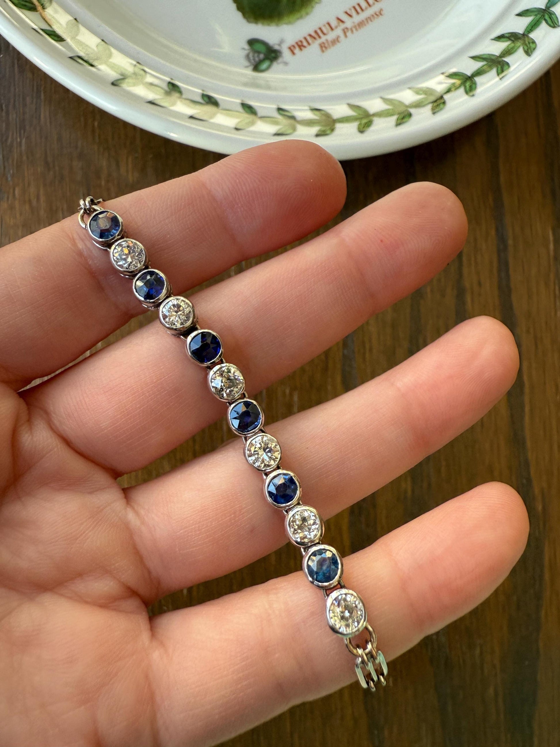 Art Deco SAPPHIRE Old Mine & Transitional Cut DIAMOND Tennis Bracelet 18k White Gold Vintage Bezel Set Milgrain Wriststack 5Ctw Stacker