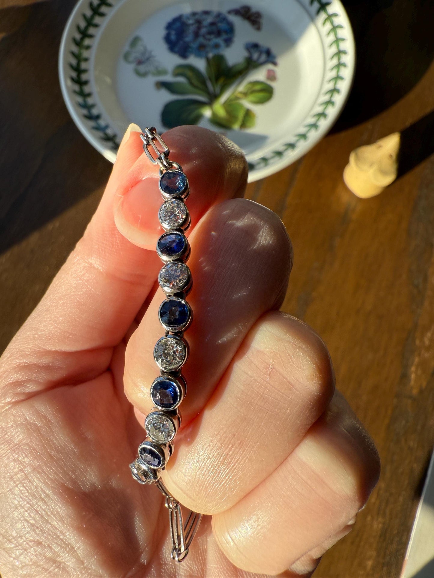 Art Deco SAPPHIRE Old Mine & Transitional Cut DIAMOND Tennis Bracelet 18k White Gold Vintage Bezel Set Milgrain Wriststack 5Ctw Stacker