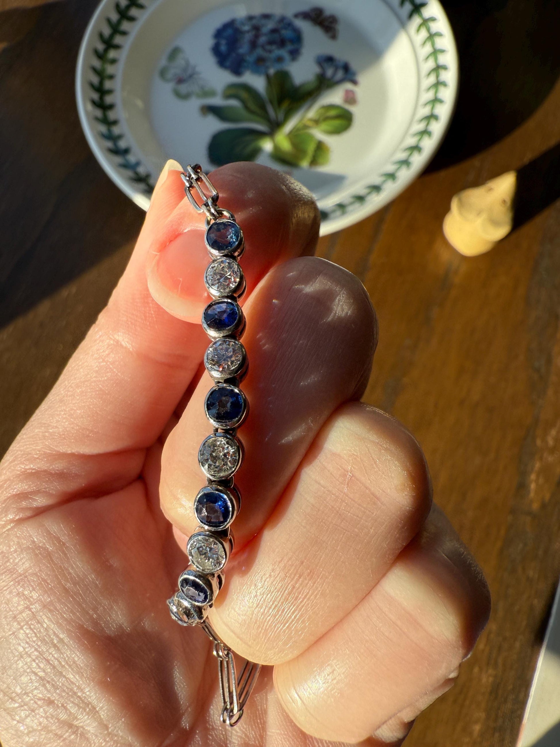 Art Deco SAPPHIRE Old Mine & Transitional Cut DIAMOND Tennis Bracelet 18k White Gold Vintage Bezel Set Milgrain Wriststack 5Ctw Stacker