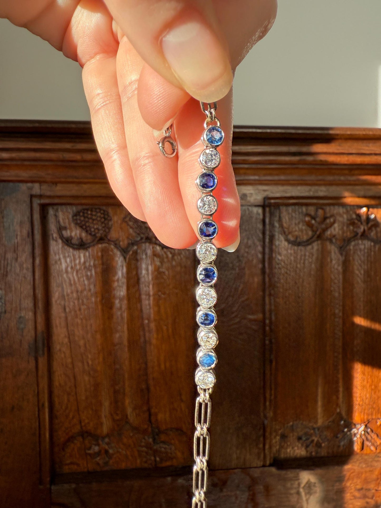 Art Deco SAPPHIRE Old Mine & Transitional Cut DIAMOND Tennis Bracelet 18k White Gold Vintage Bezel Set Milgrain Wriststack 5Ctw Stacker