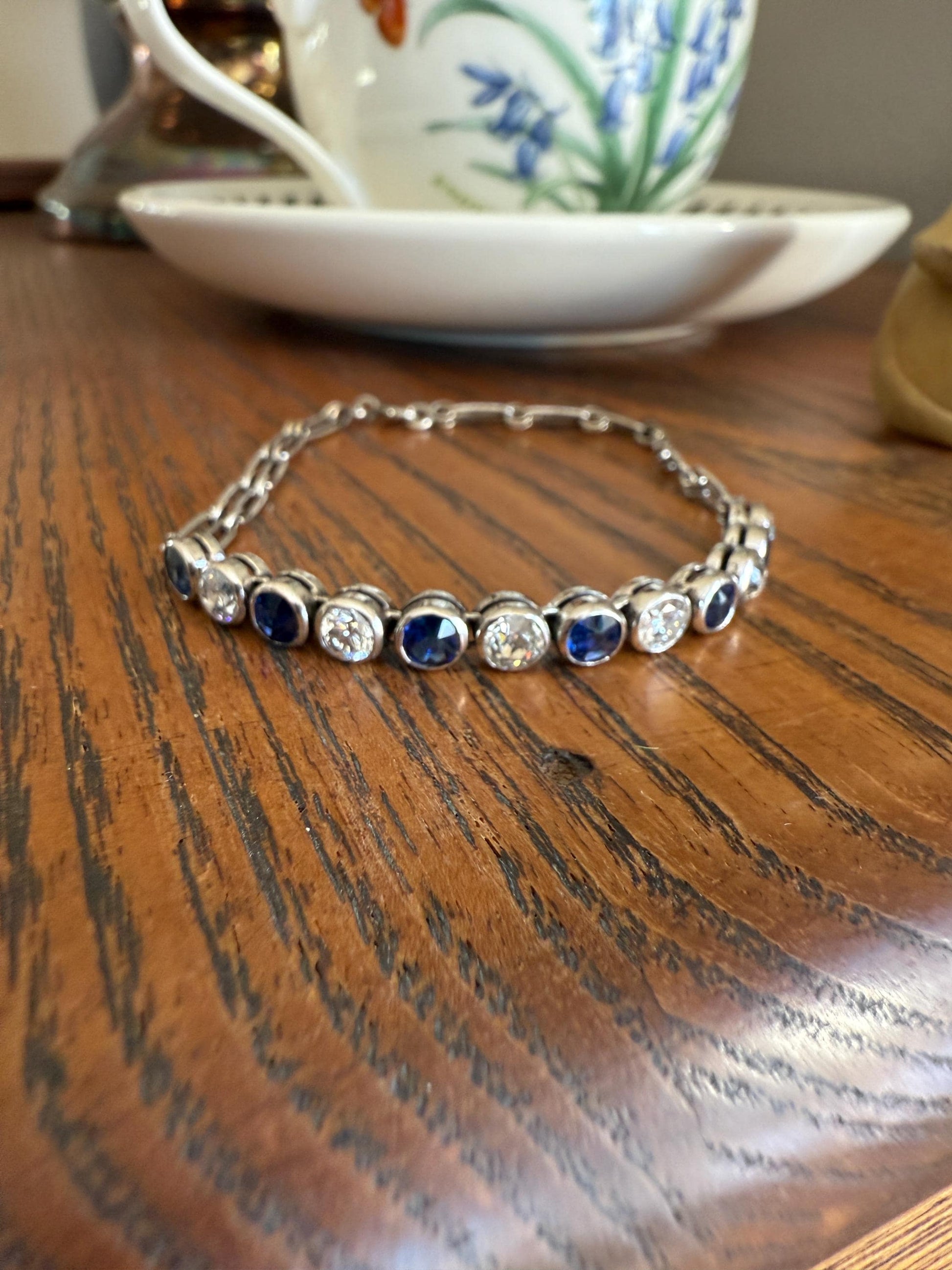 Art Deco SAPPHIRE Old Mine & Transitional Cut DIAMOND Tennis Bracelet 18k White Gold Vintage Bezel Set Milgrain Wriststack 5Ctw Stacker