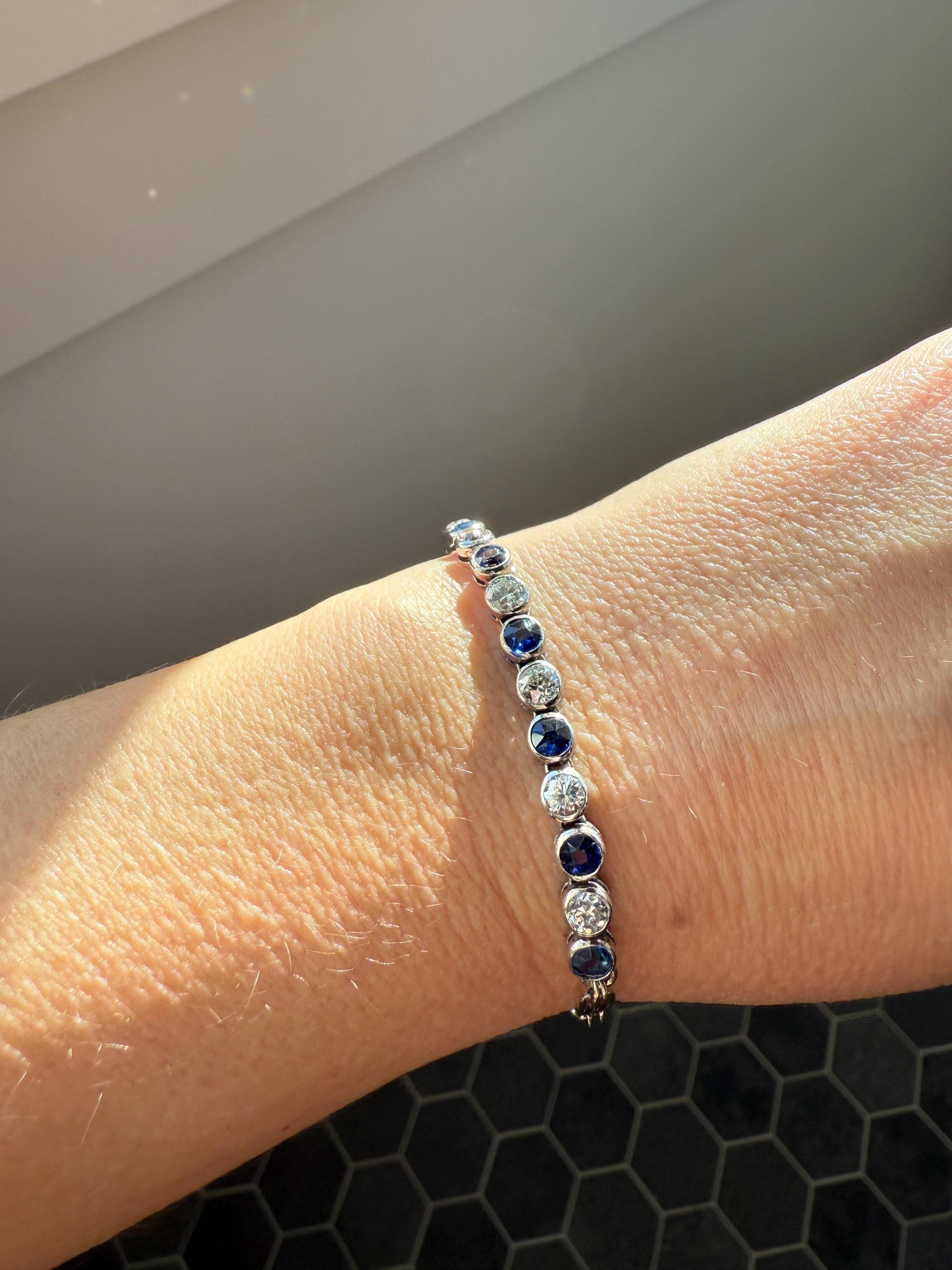 Art Deco SAPPHIRE Old Mine & Transitional Cut DIAMOND Tennis Bracelet 18k White Gold Vintage Bezel Set Milgrain Wriststack 5Ctw Stacker